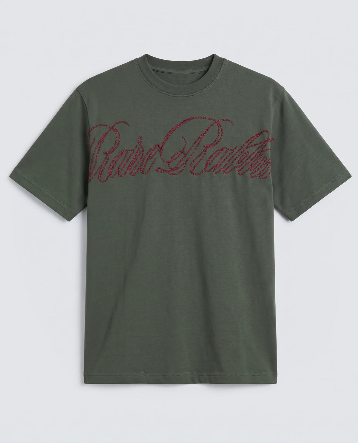Rare Rabbit Men's Lort Dusky Green Cotton Blend Fabric Half Sleeve Crew Neck Oversize Embroidered T-Shirt