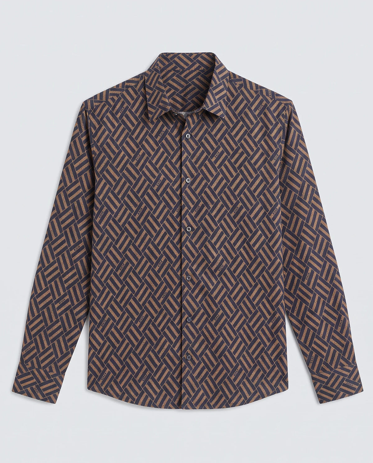 Rare Rabbit Men's Moto Dusky Navy Viscose Fabric Full Sleeve Spread Collar Regular Fit Geometric Print Shirt
