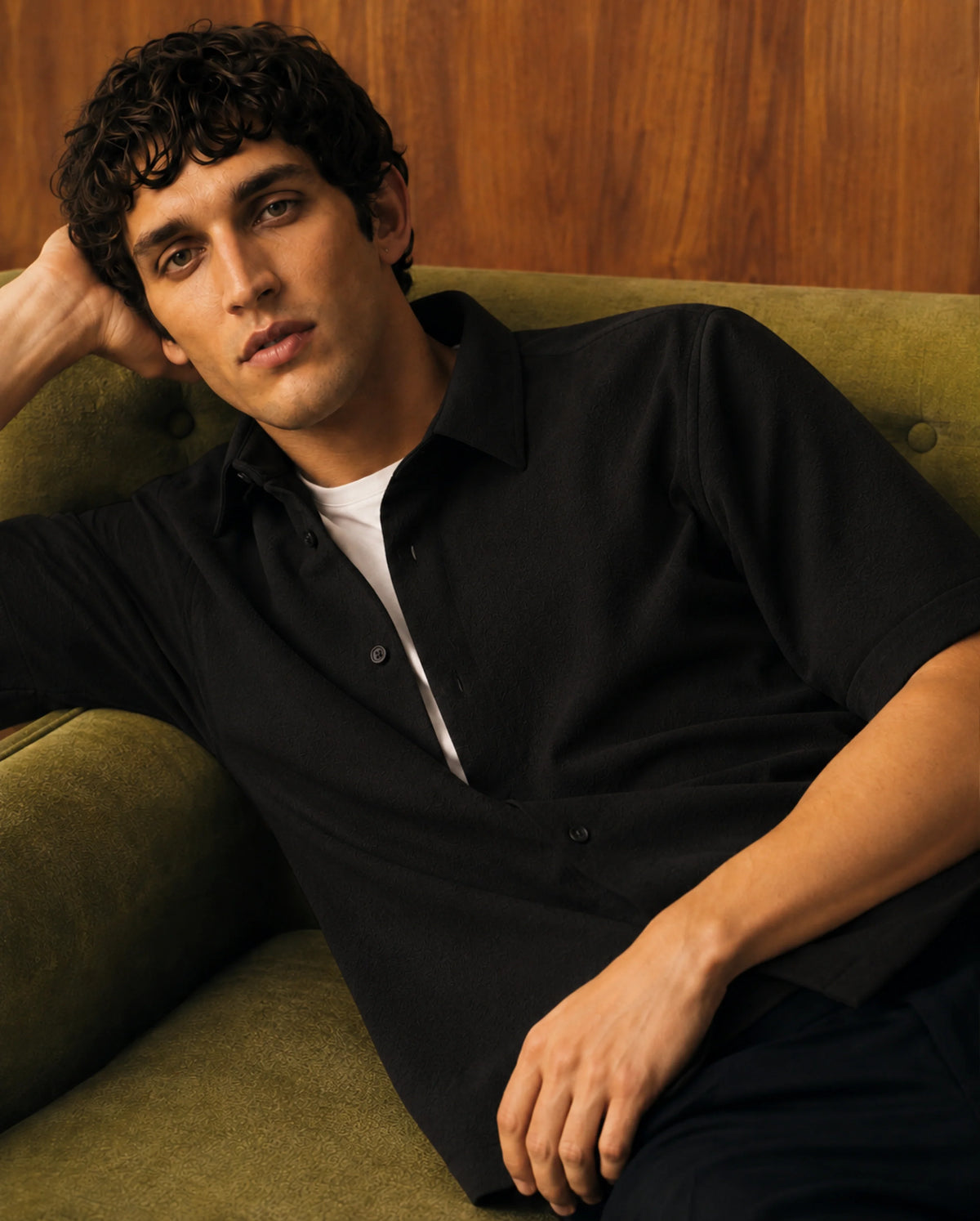 Rare Rabbit Men's Davin-S Black Cotton Blend Spread Collar Regular Fit Textured Shirt