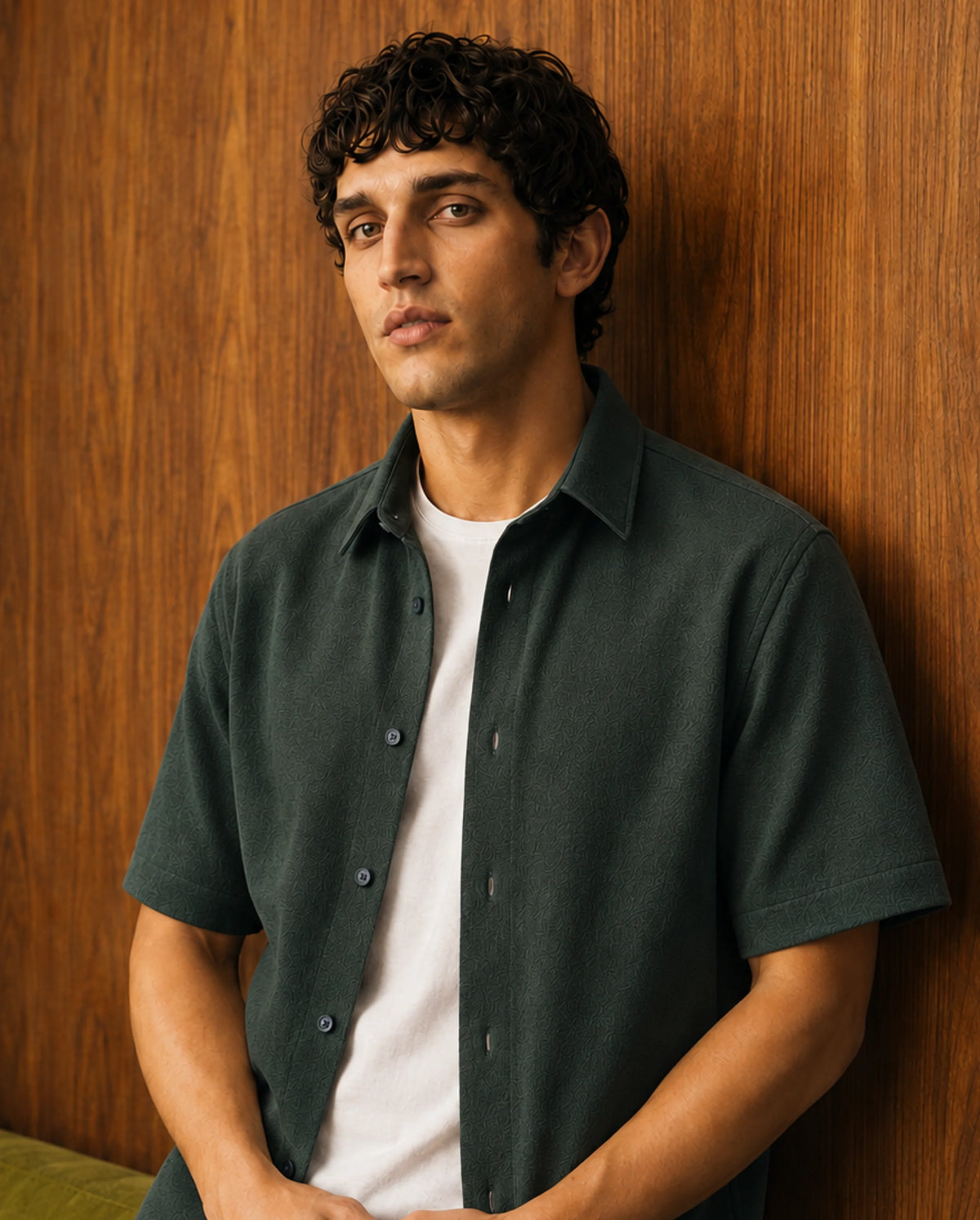 Rare Rabbit Men's Davin-S Dark Green Cotton Blend Spread Collar Regular Fit Textured Shirt