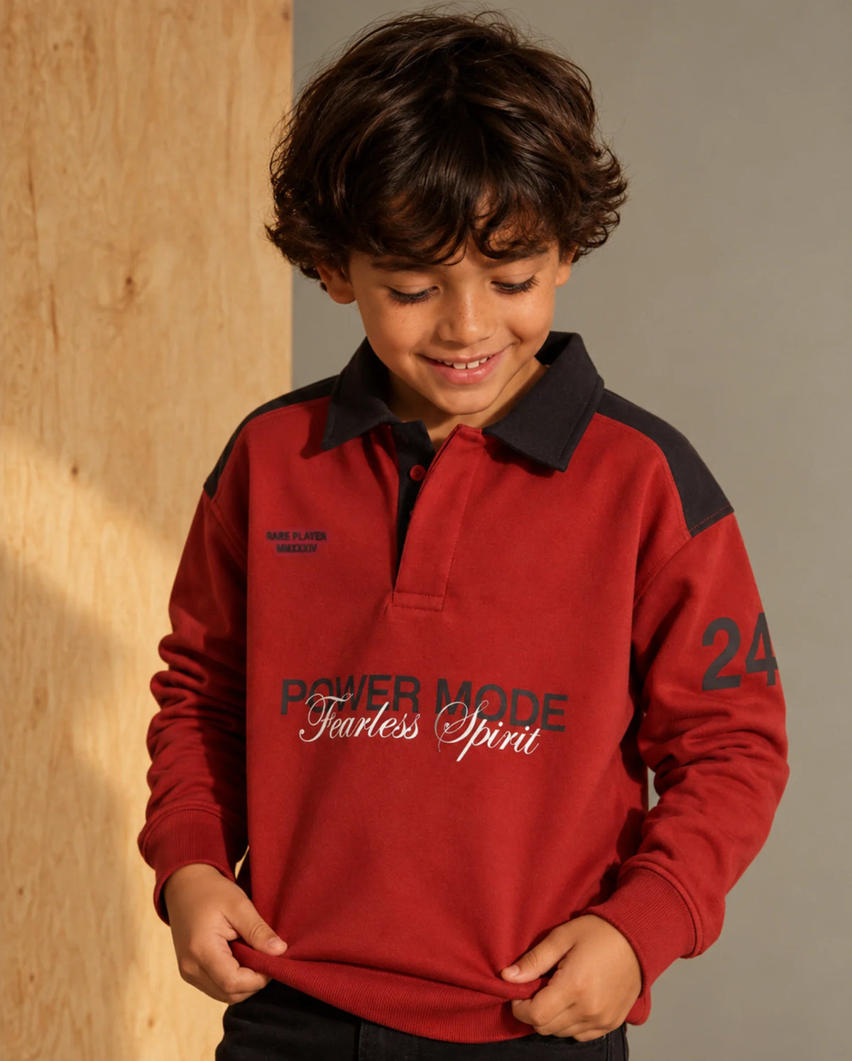Rare Ones Kids Lars Rust Cotton Blend Fabric Spread Collar Button Closure Oversized Fit Graphic Print Polo