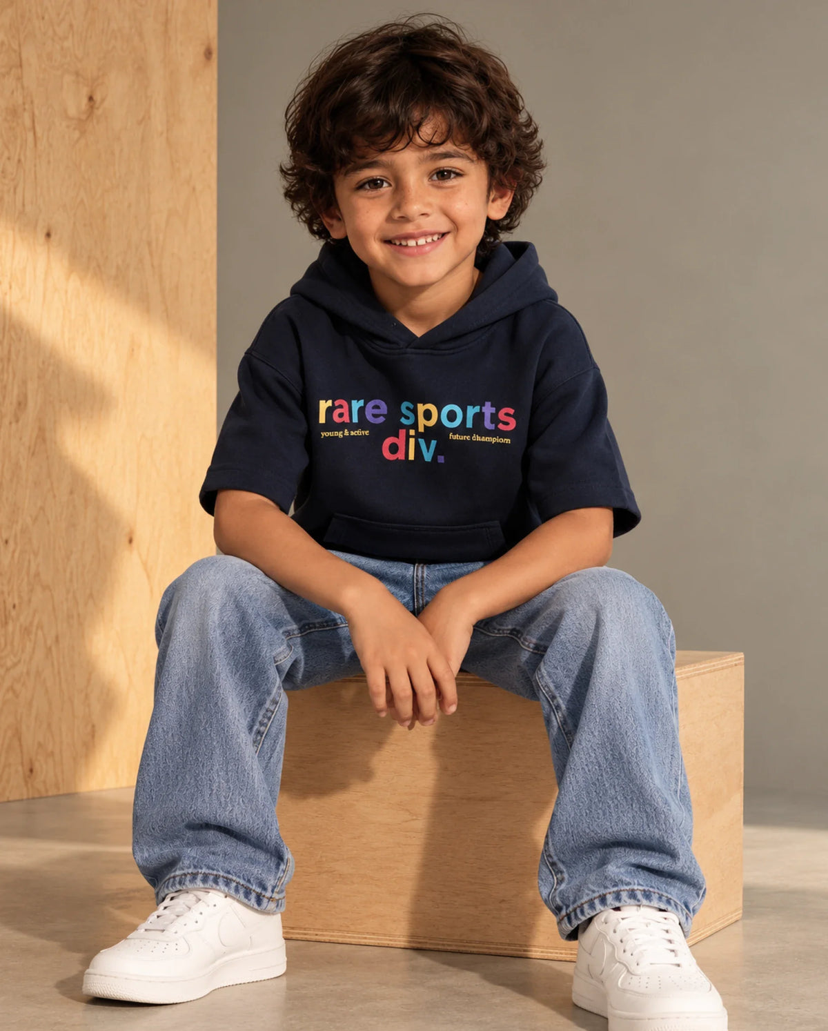 Rare Ones Kids Cinko Navy Cotton Blend Fabric Hooded Pull-On Closure Oversized Sweatshirt