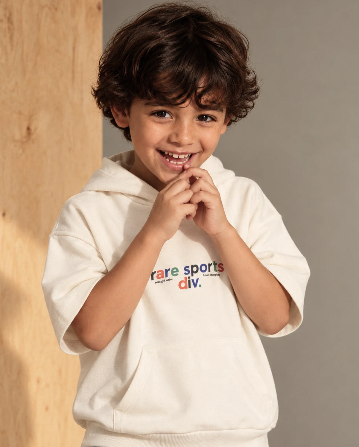 Rare Ones Kids Cinko Off White Cotton Blend Fabric Hooded Pull-On Closure Oversized Sweatshirt