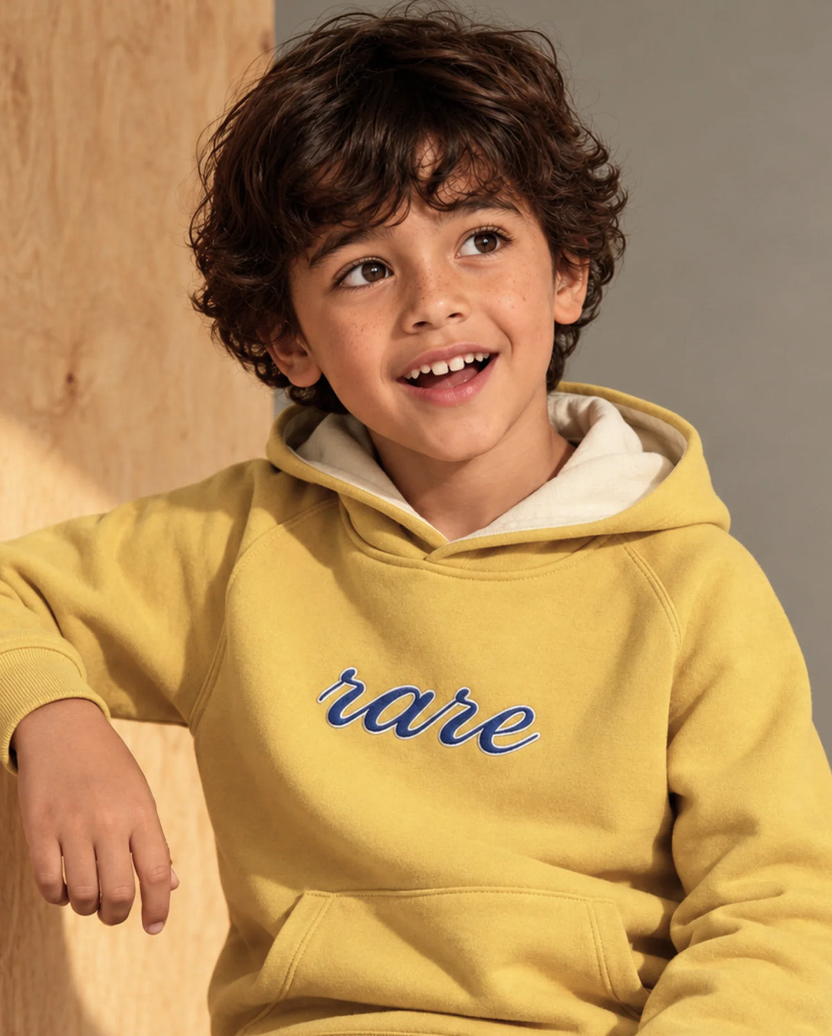 Rare Ones Kids Reo Dark Yellow Cotton Blend Fabric Hooded Pull-On Closure Regular Fit Typography Print Sweatshirt