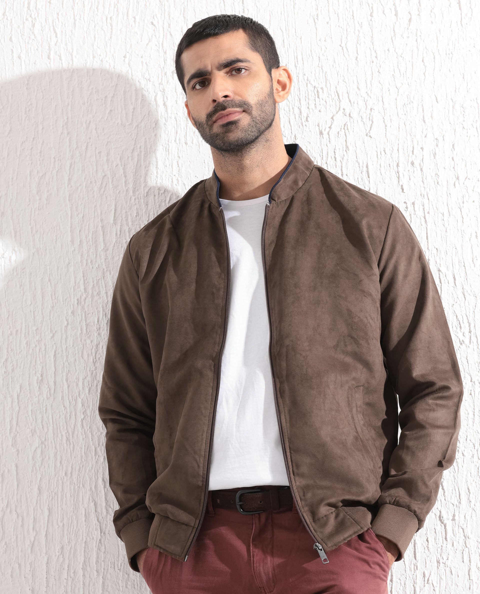 Rare Rabbit Men's Henron Dark Brown Suede Plain Regular Fit Full Sleeve Mandarin Collar Jacket