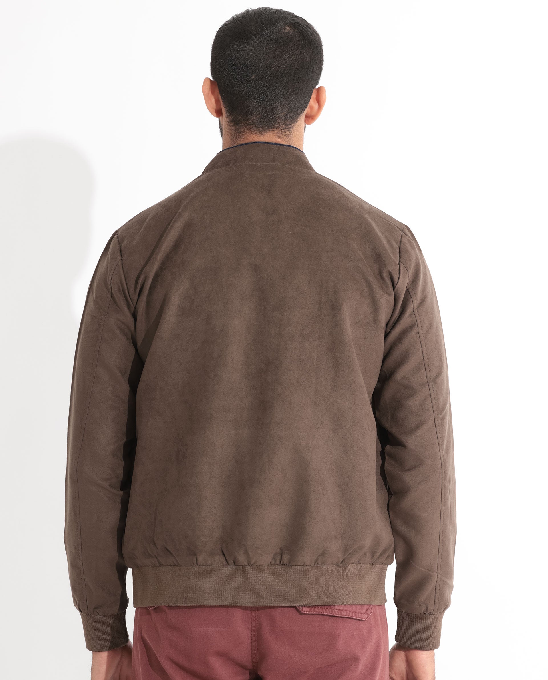 Rare Rabbit Men's Henron Dark Brown Plain Suede Bomber Jacket