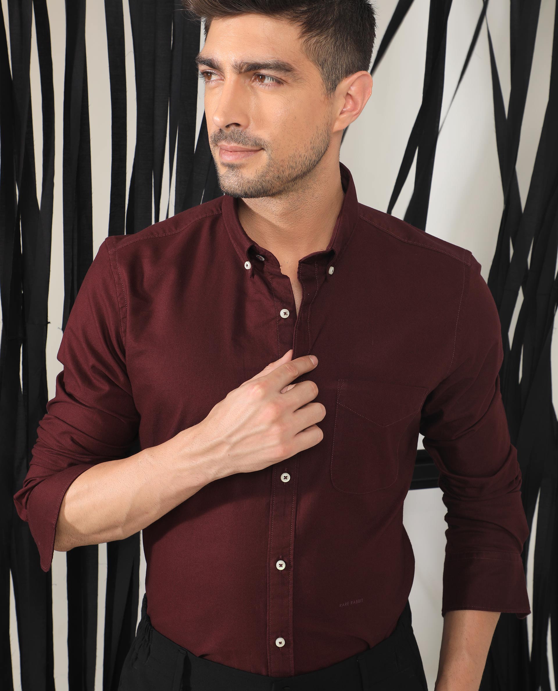 Rare Rabbit Men's Auxfo Maroon Cotton Plain Regular Fit Full Sleeve Button-Down Collar Shirt