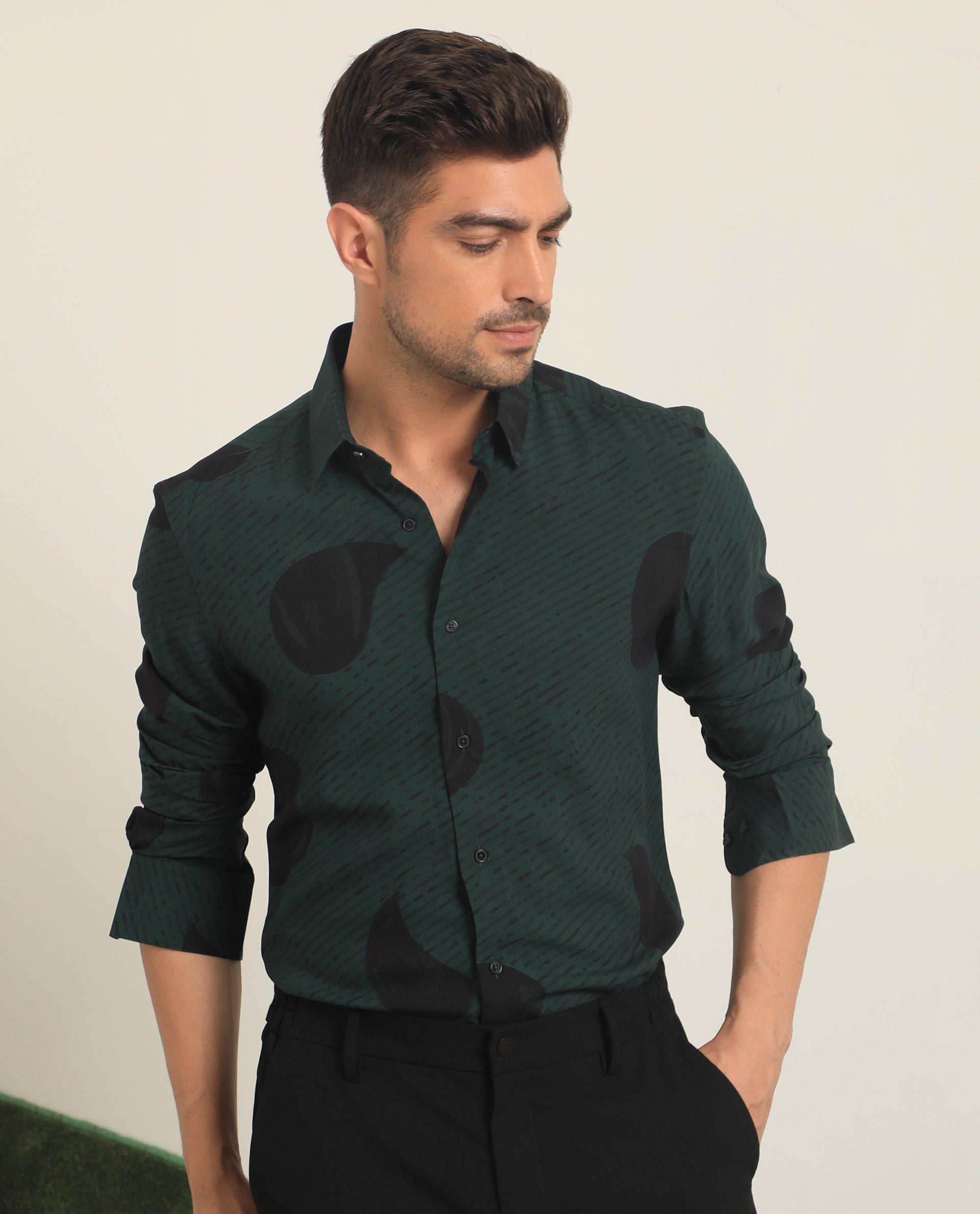 Rare Rabbit Men's Palme Dark Green Viscose Fabric Abstract Print Full Sleeves Shirt