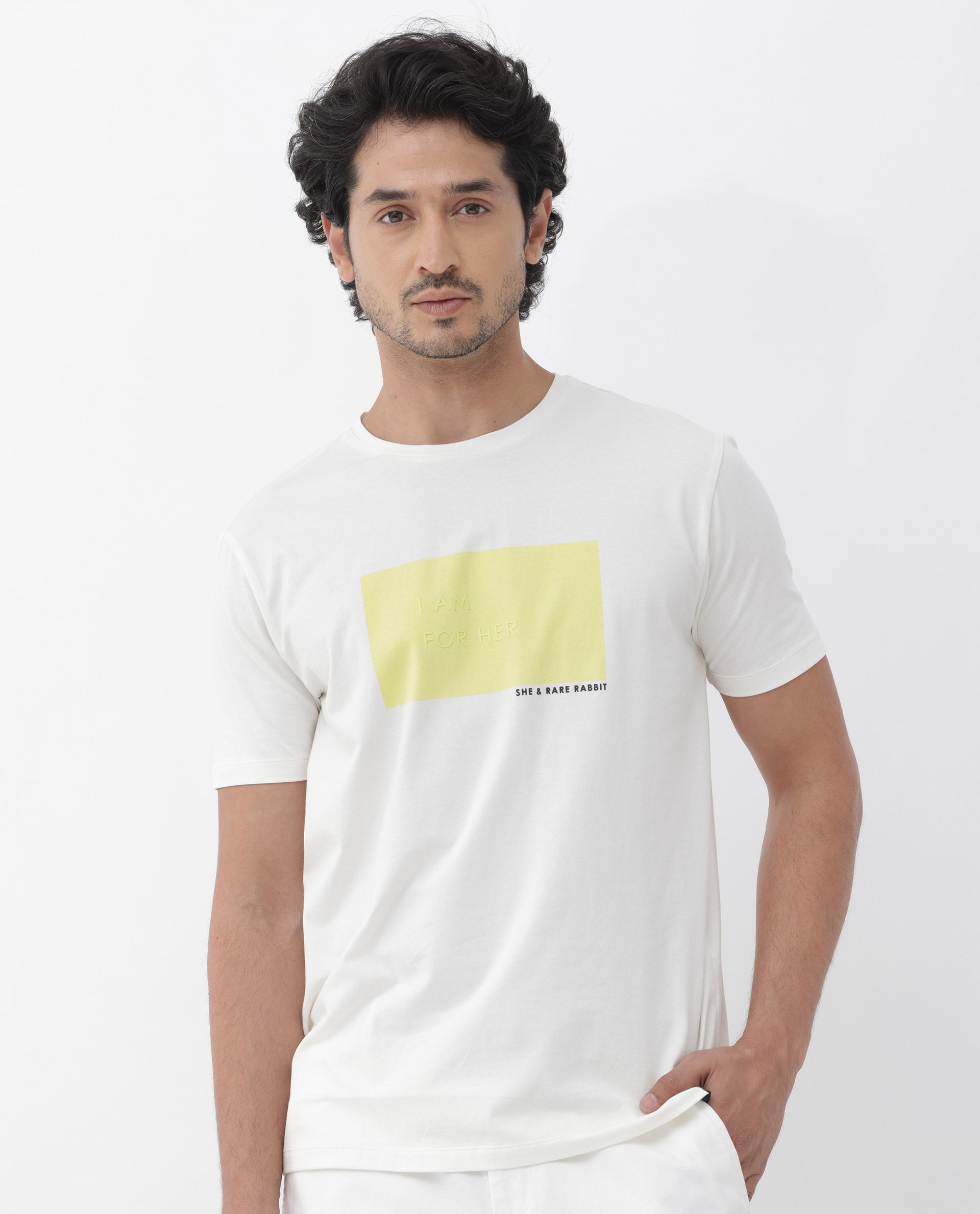 Rare Rabbit Mens Iam-1 White Cotton Lycra Fabric Short Sleeve Slim Fit Graphic Printed T-Shirt