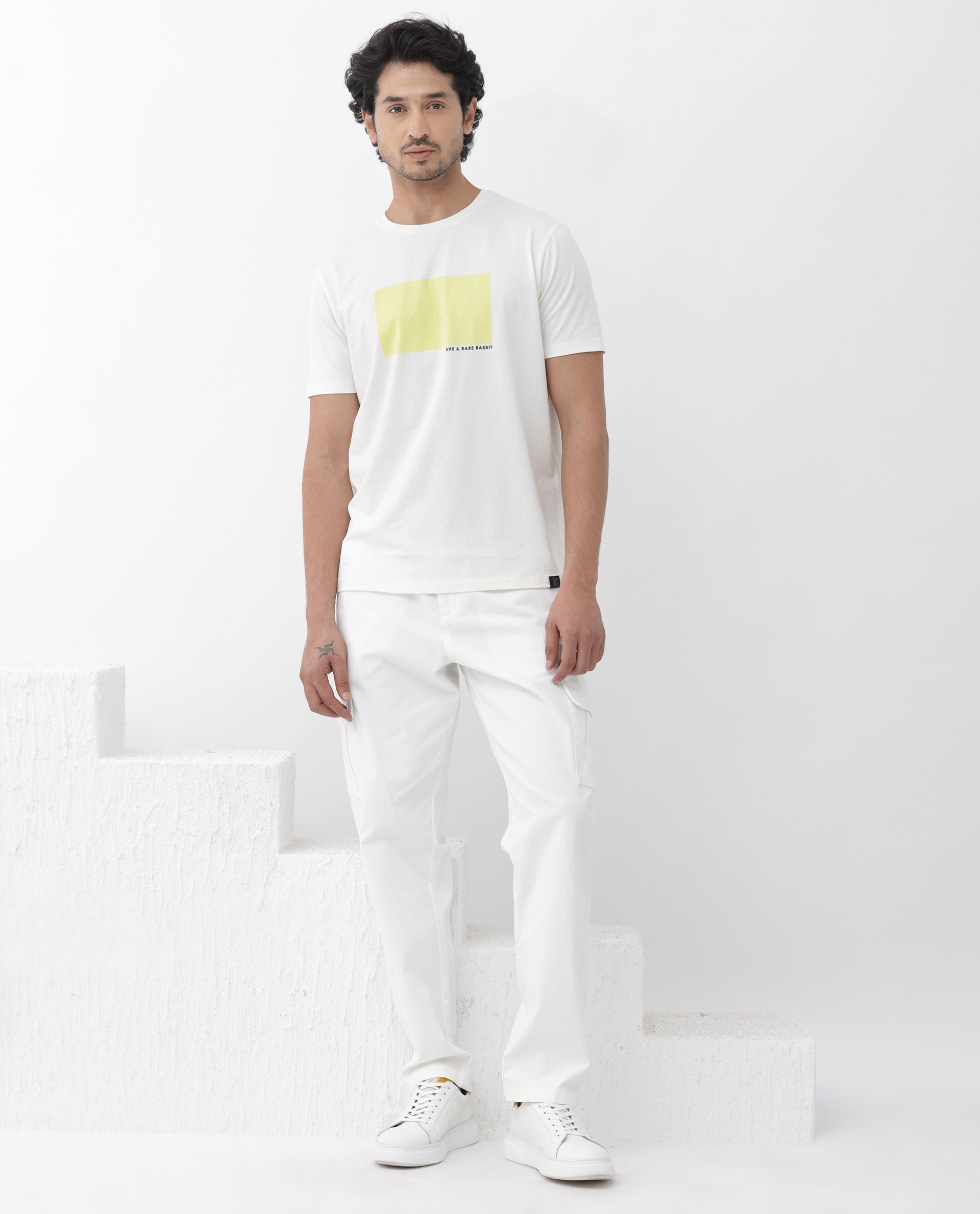 Rare Rabbit Mens Iam-1 White Cotton Lycra Fabric Short Sleeve Slim Fit Graphic Printed T-Shirt