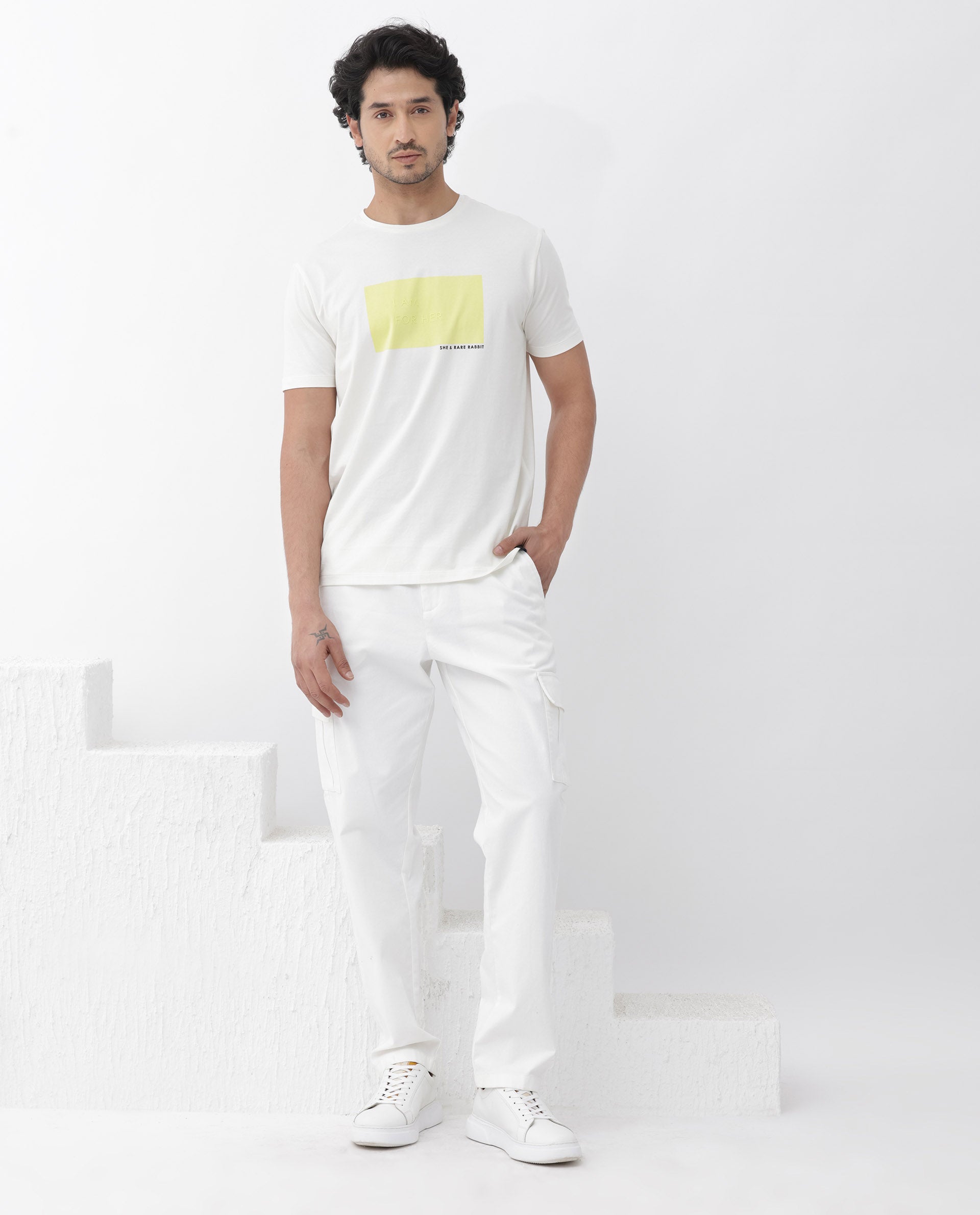 Rare Rabbit Mens Iam-1 White Cotton Lycra Fabric Short Sleeve Slim Fit Graphic Printed T-Shirt