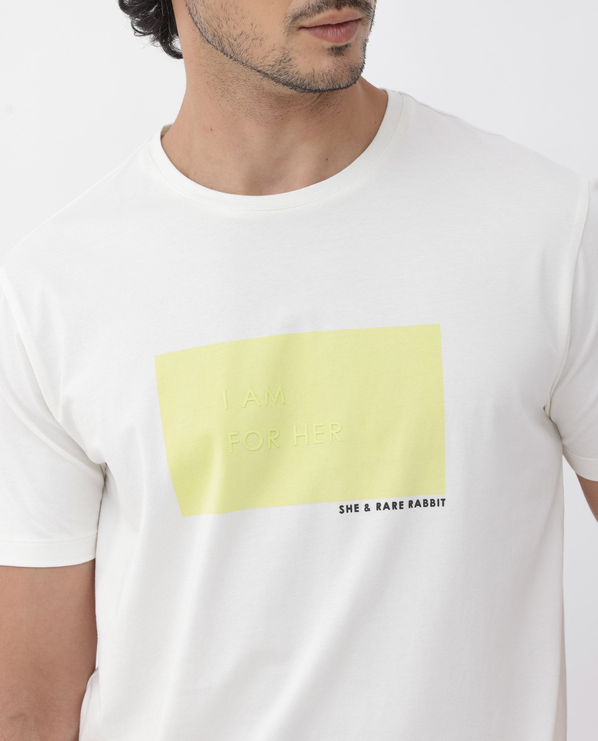 Rare Rabbit Mens Iam-1 White Cotton Lycra Fabric Short Sleeve Slim Fit Graphic Printed T-Shirt