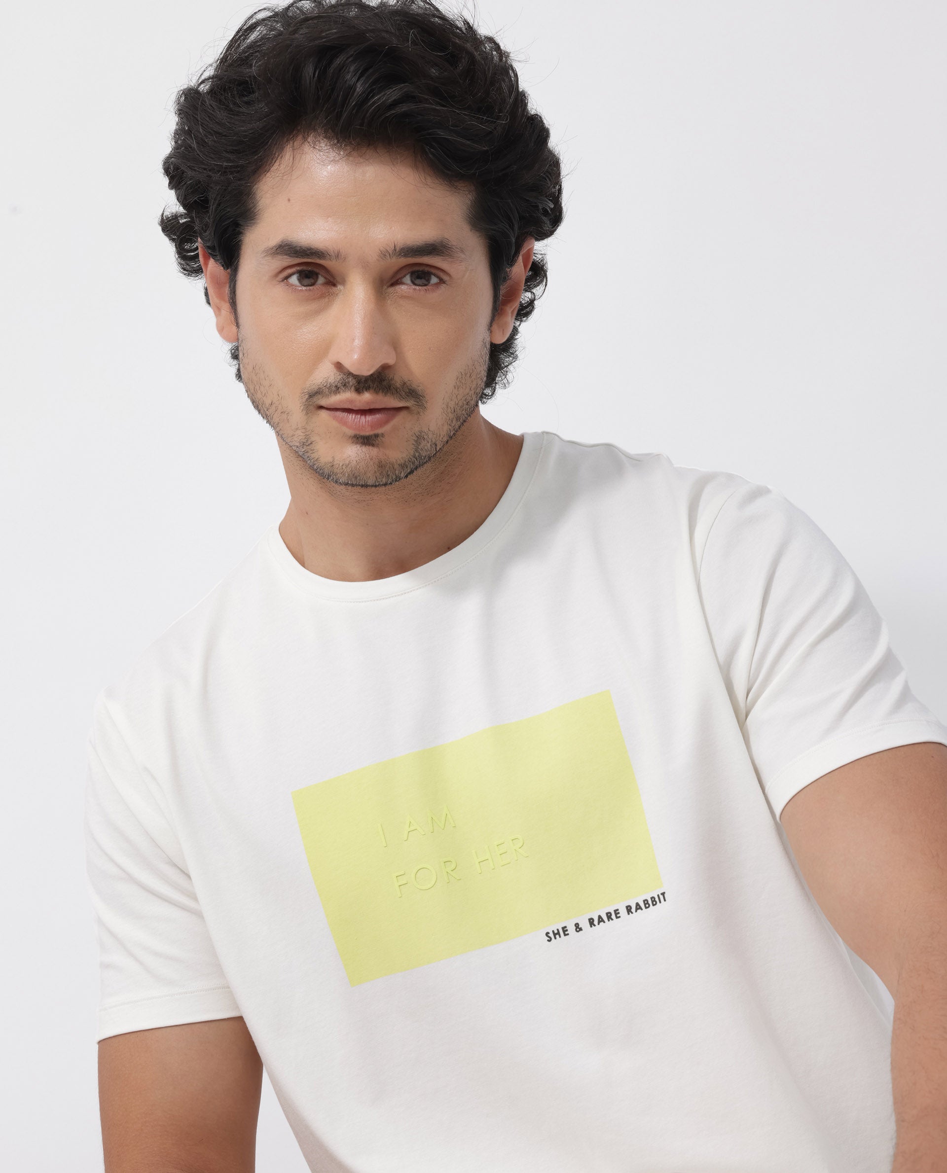 Rare Rabbit Mens Iam-1 White Cotton Lycra Fabric Short Sleeve Slim Fit Graphic Printed T-Shirt