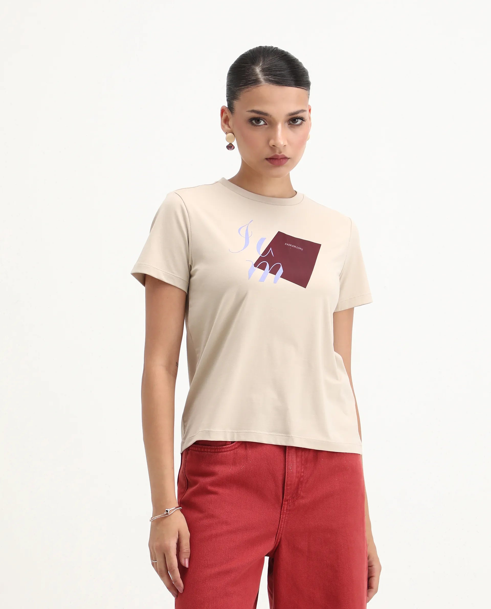 Rareism Women's Ian Beige Cotton Blend Crew Neck Regular Fit T-Shirt