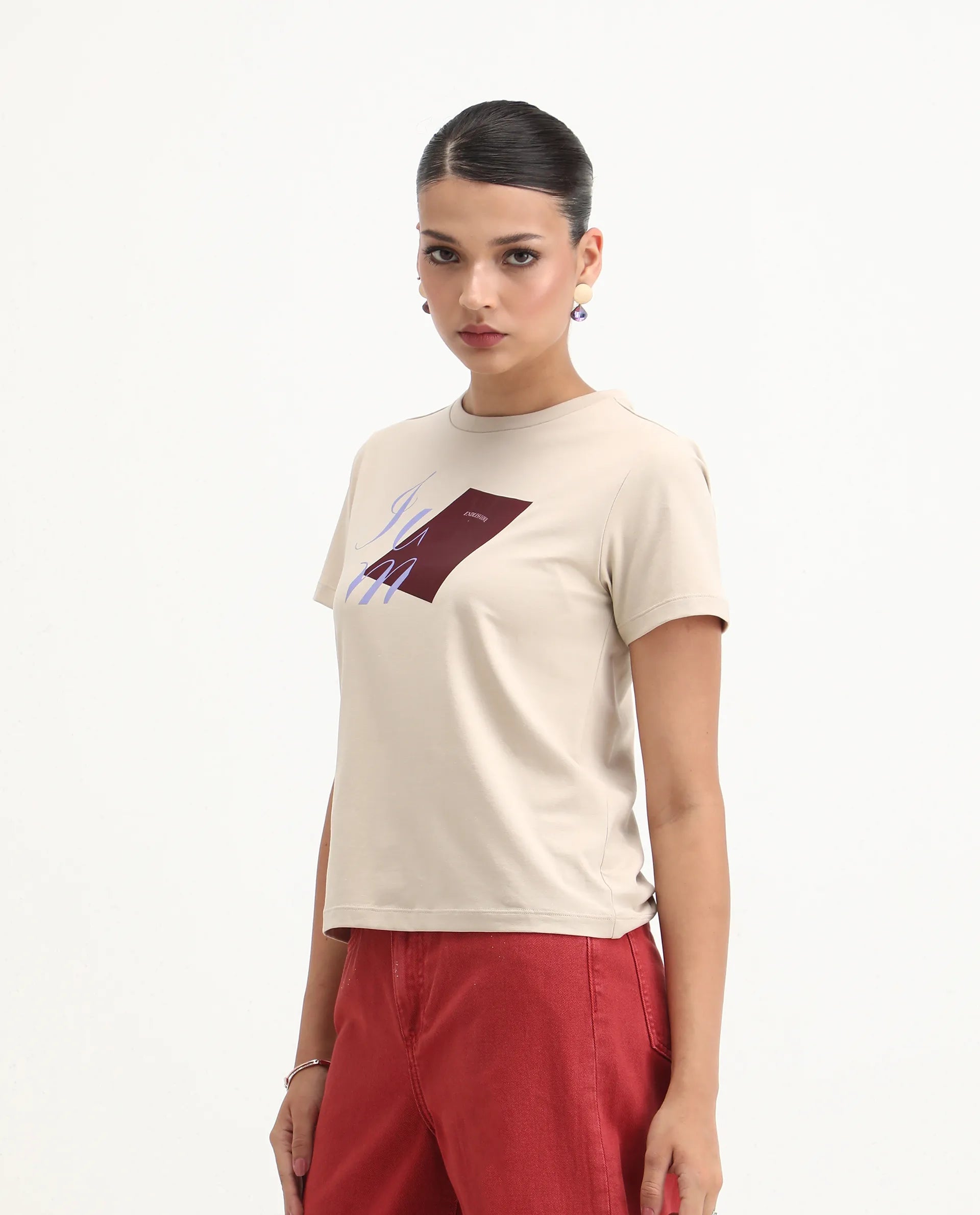 Rareism Women's Ian Beige Cotton Blend Crew Neck Regular Fit T-Shirt