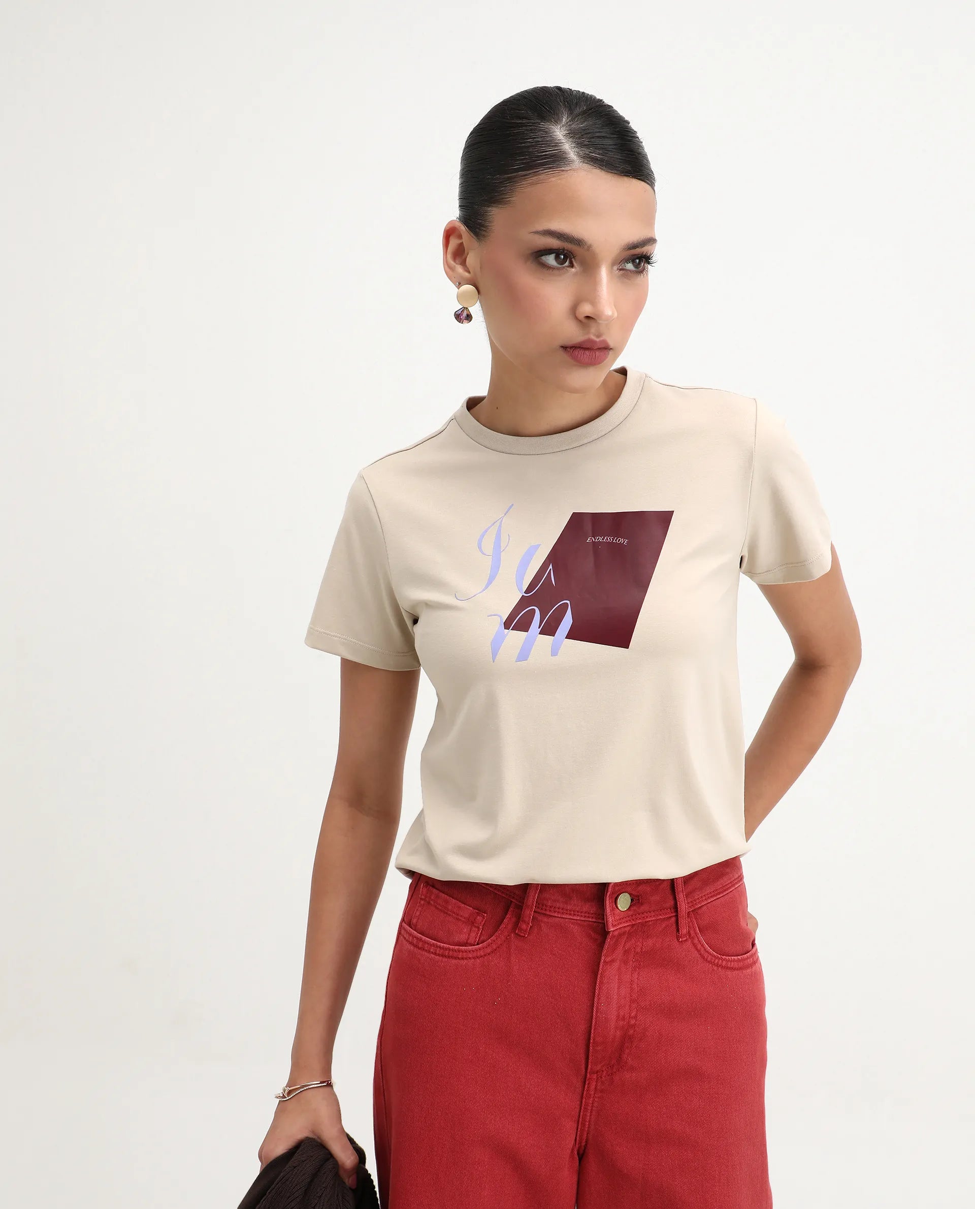 Rareism Women's Ian Beige Cotton Blend Crew Neck Regular Fit T-Shirt