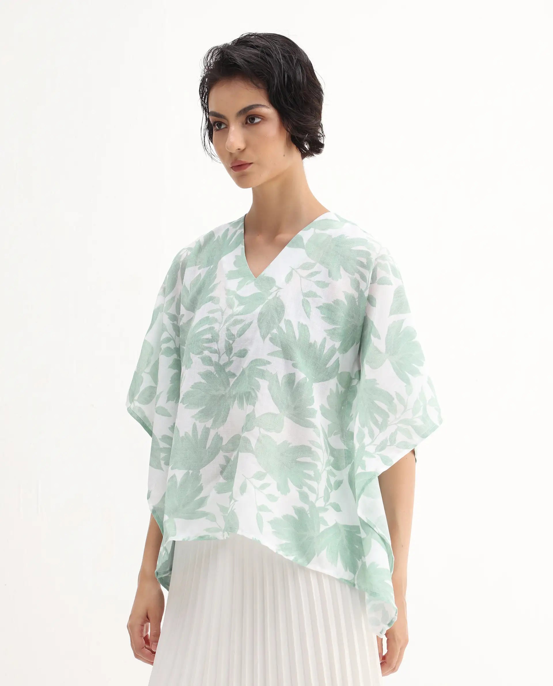 Rareism Women's Ibac Light Green Linen V-Neck Floral Print Kimono Sleeve Relaxed Fit Top