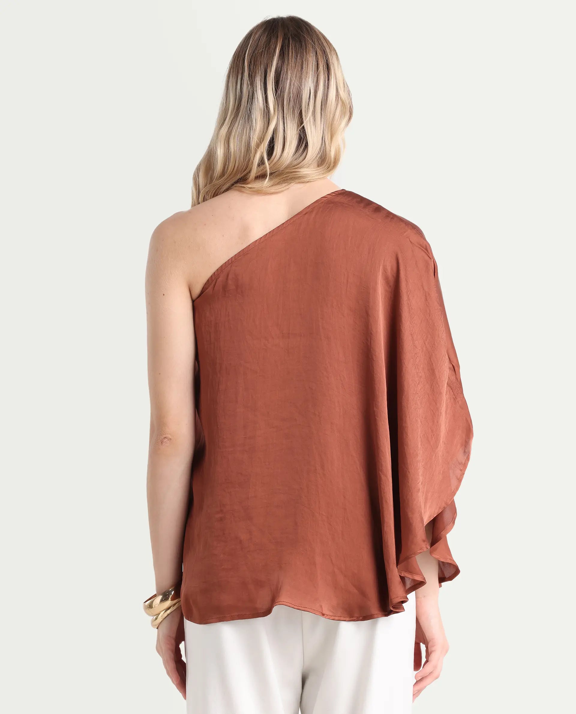 Rareism Women's Ibis Dark Brown Polyester Collarless Plain Flared Sleeve Regular Fit Top