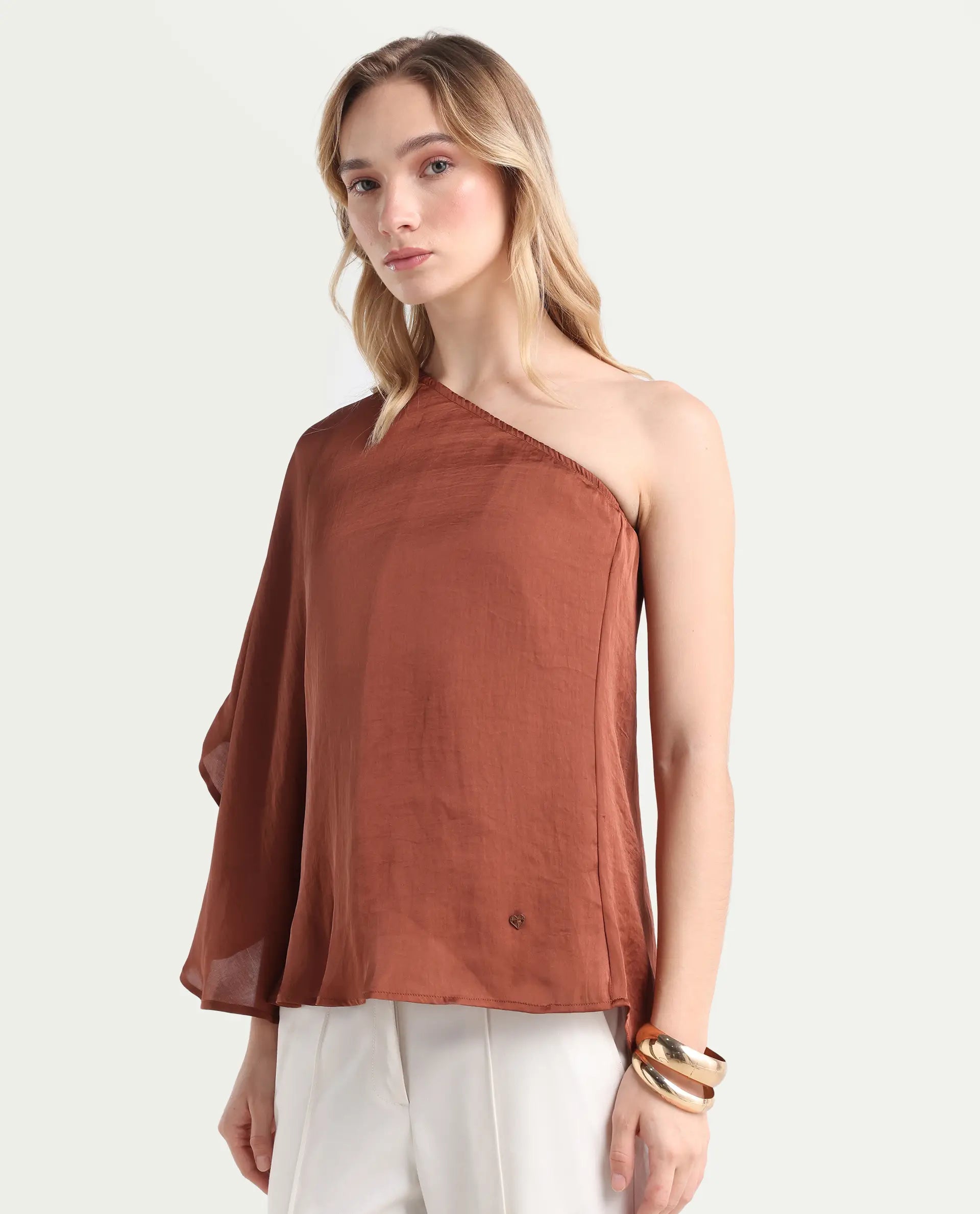 Rareism Women's Ibis Dark Brown Polyester Collarless Plain Flared Sleeve Regular Fit Top