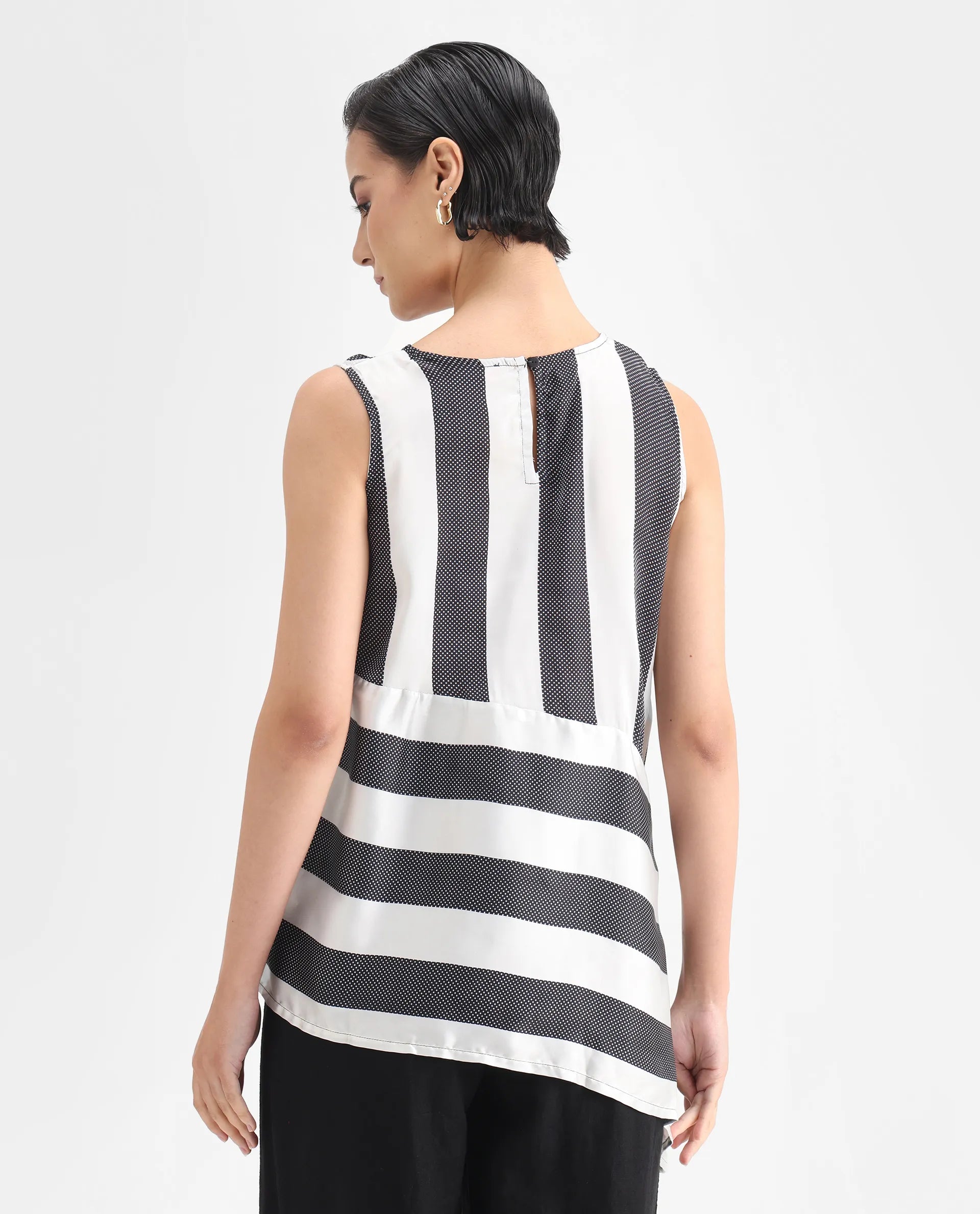 Rareism Women's Idaho - White Polyester Boat Neck Striped Sleeveless Regular Fit Top