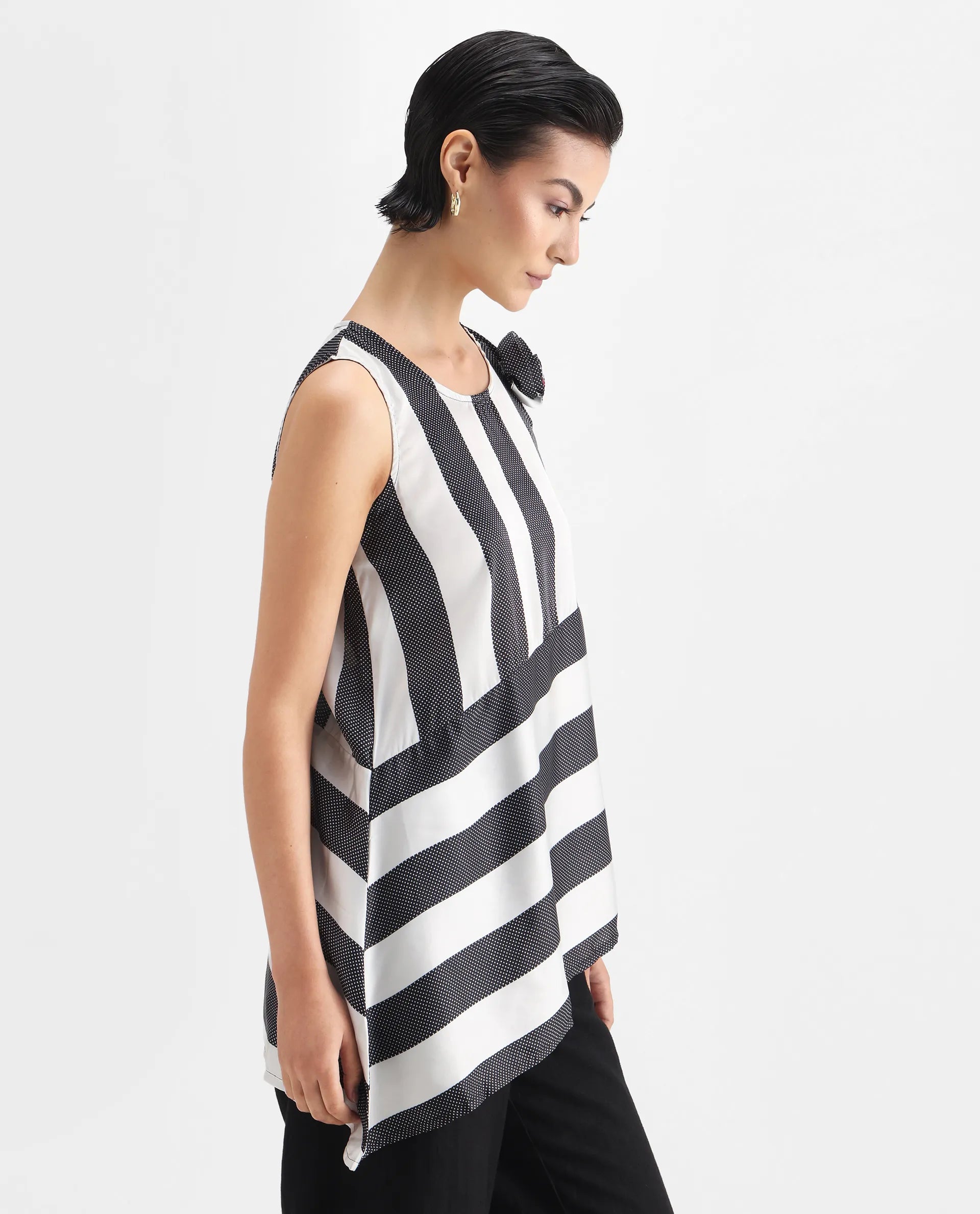 Rareism Women's Idaho - White Polyester Boat Neck Striped Sleeveless Regular Fit Top