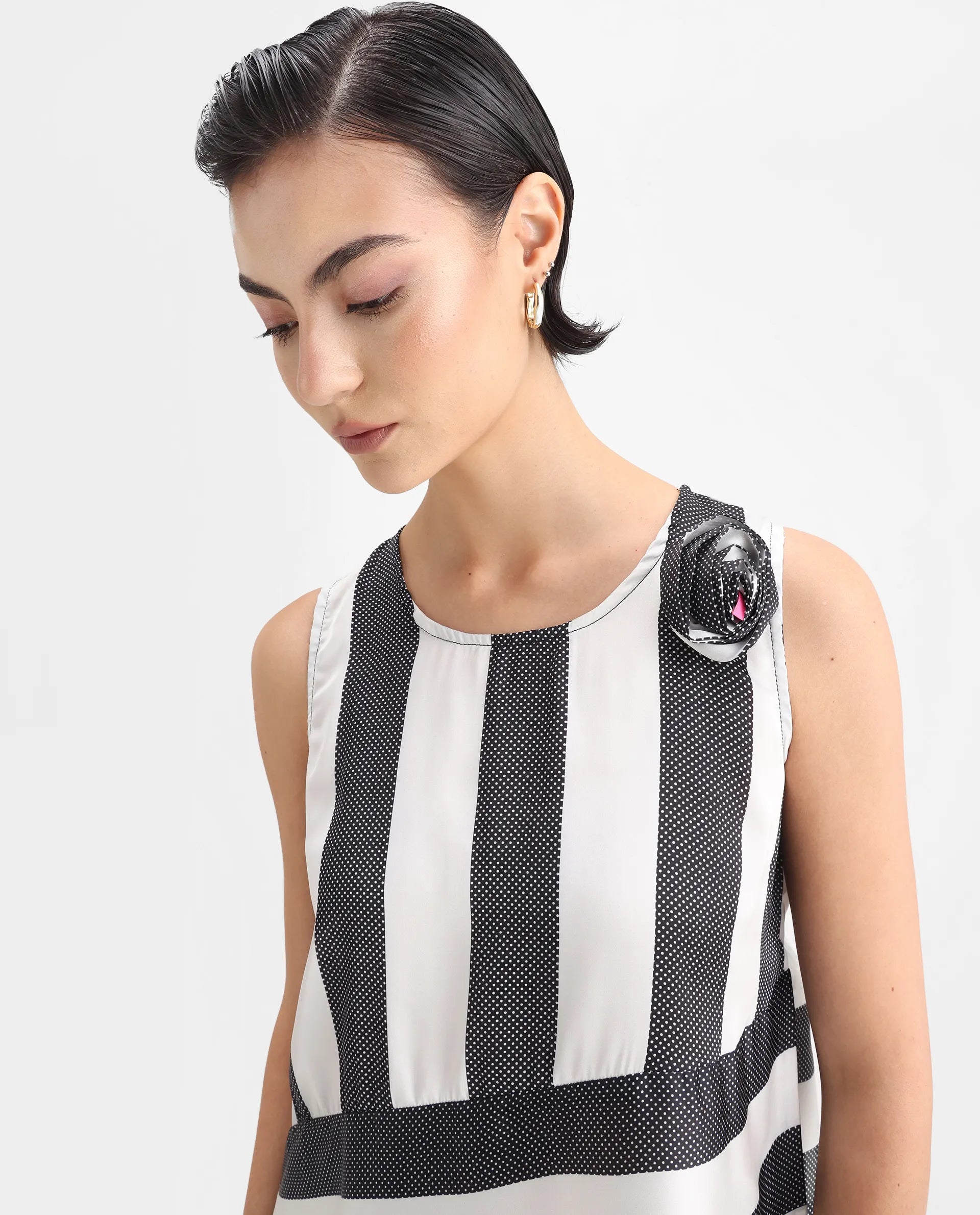 Rareism Women's Idaho - White Polyester Boat Neck Striped Sleeveless Regular Fit Top