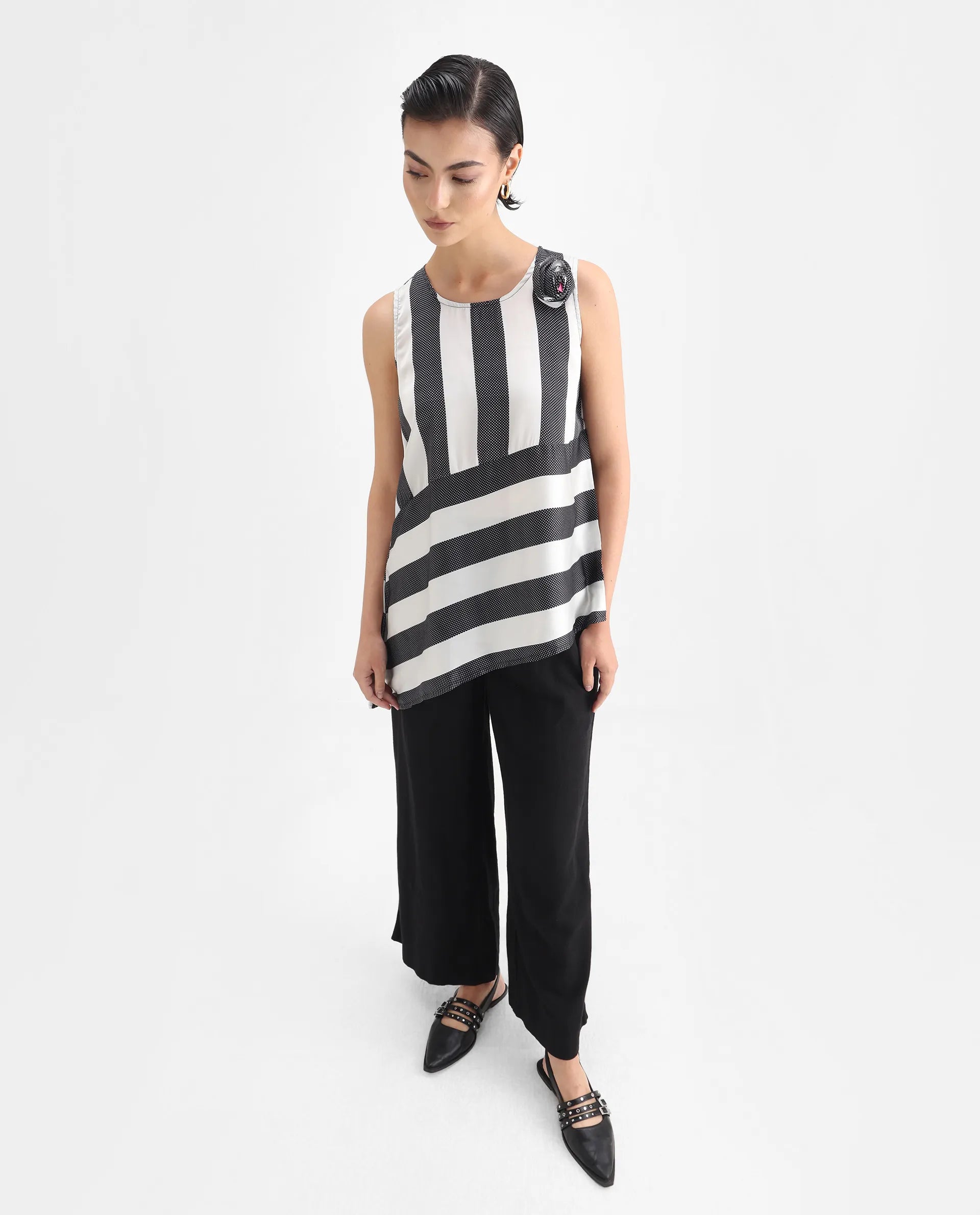 Rareism Women's Idaho - White Polyester Boat Neck Striped Sleeveless Regular Fit Top