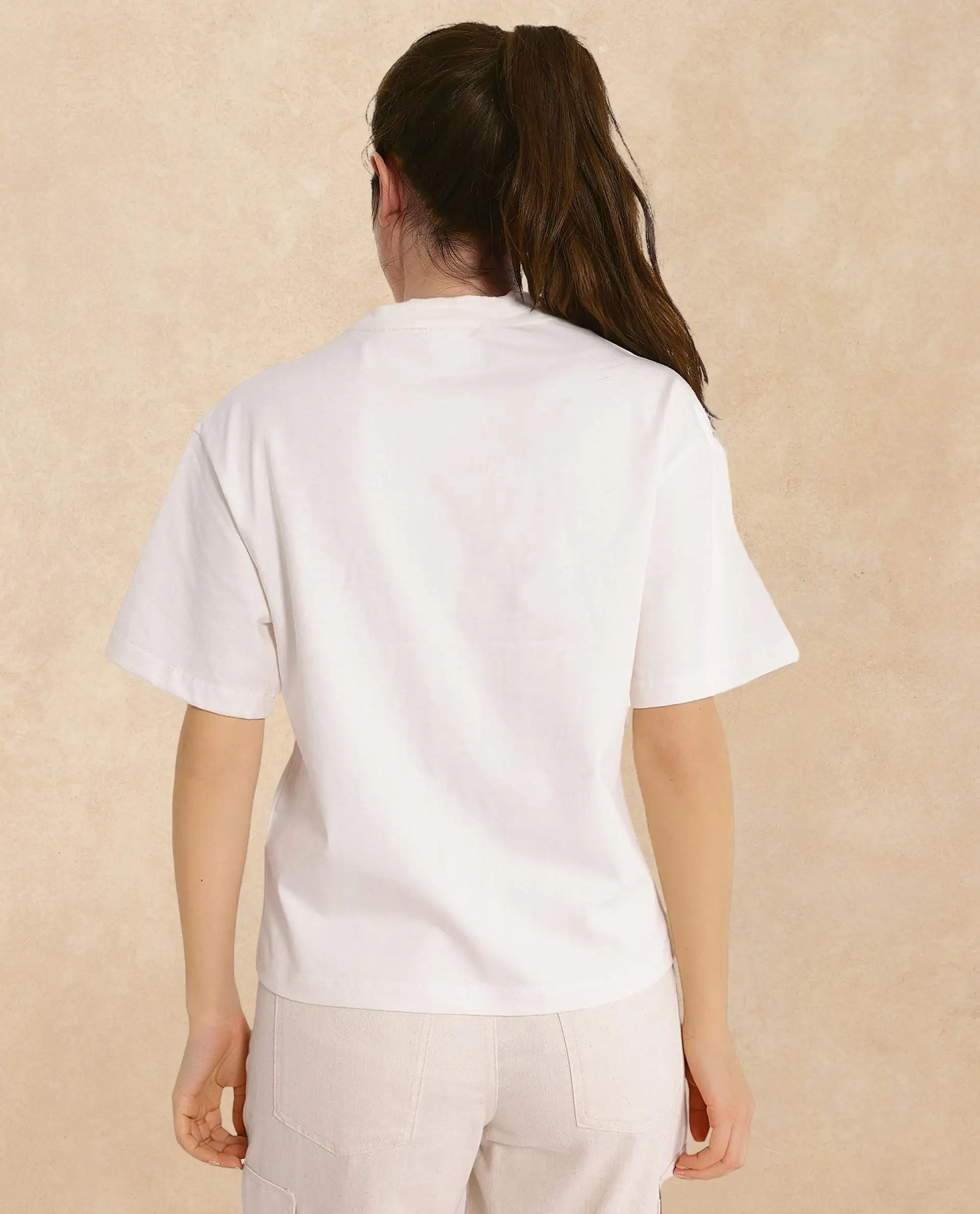 Rareism Women Ida Off White Cotton Fabric Short Sleeve Crew Neck Solid T-Shirt