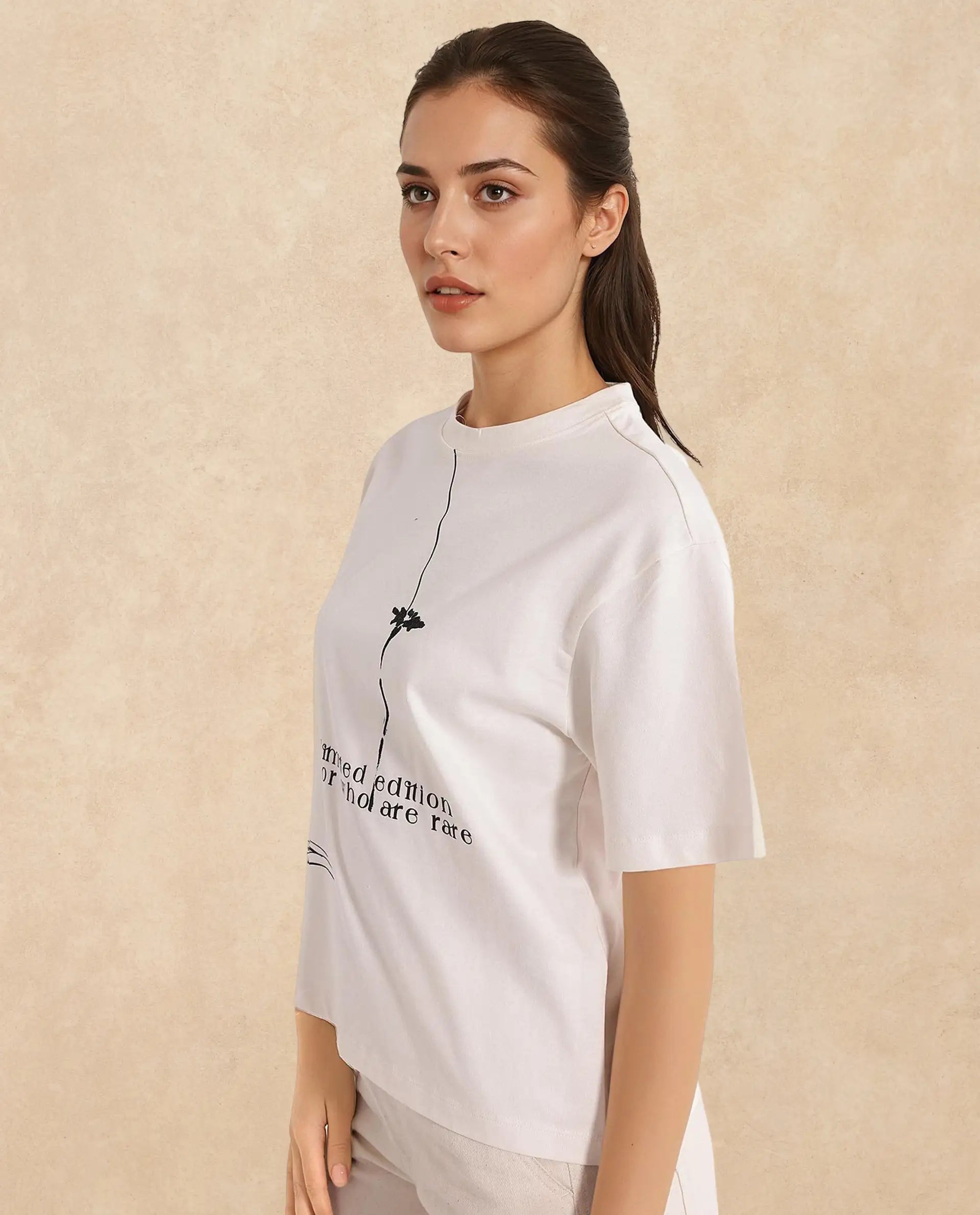 Rareism Women Ida Off White Cotton Fabric Short Sleeve Crew Neck Solid T-Shirt