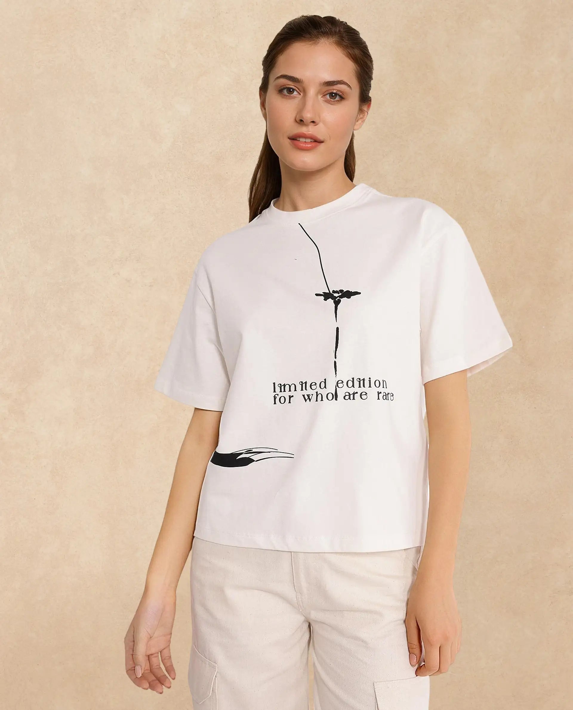 Rareism Women Ida Off White Cotton Fabric Short Sleeve Crew Neck Solid T-Shirt