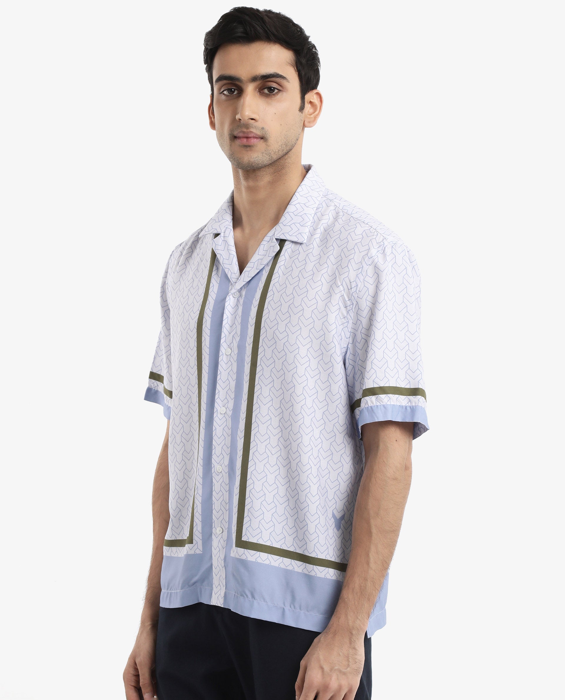 Rare Rabbit Men's Idir Dusky Blue Viscose Fabric Short Sleeve Cuban Collar Boxy Fit Monogram Print Shirt