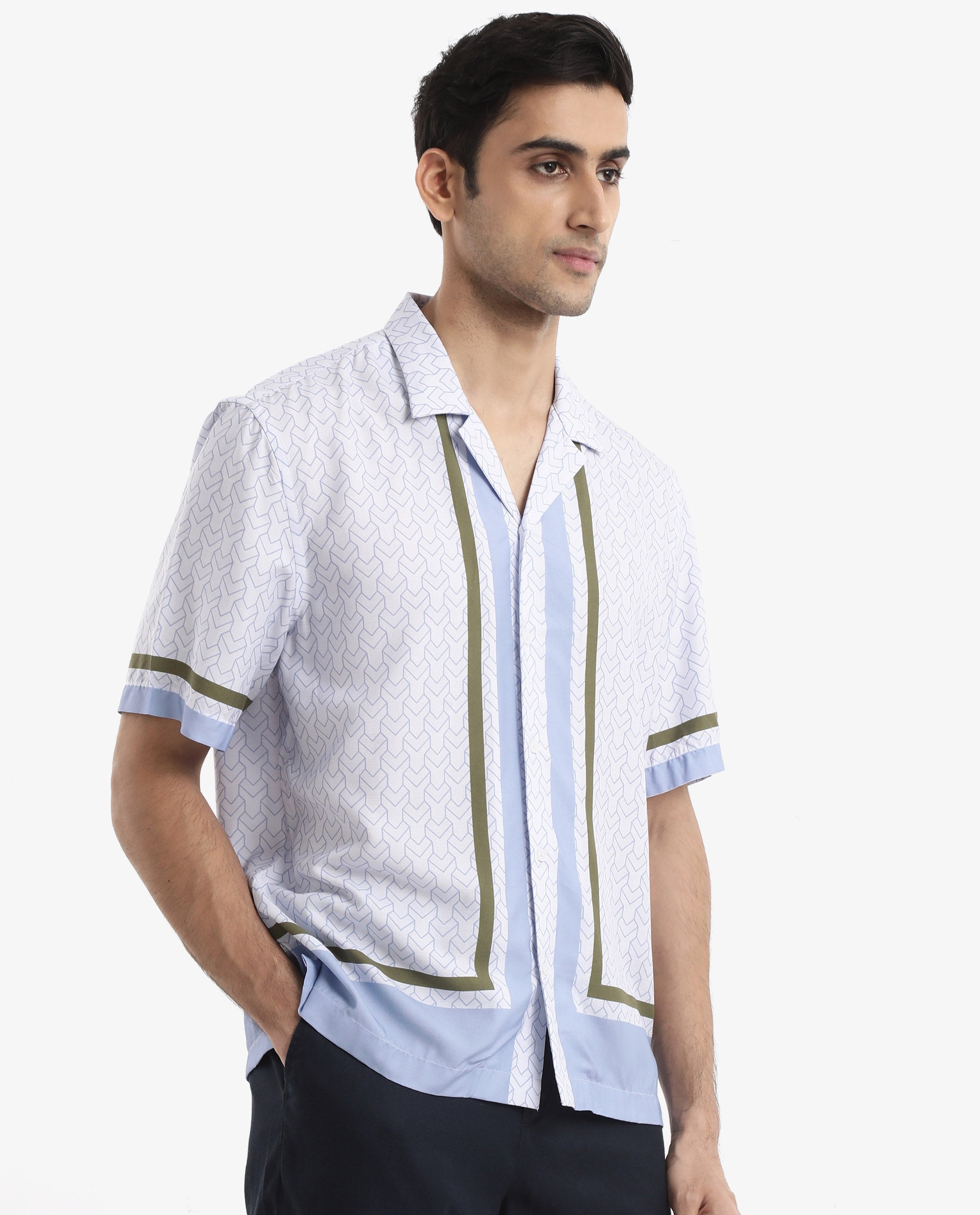 Rare Rabbit Men's Idir Dusky Blue Viscose Fabric Short Sleeve Cuban Collar Boxy Fit Monogram Print Shirt