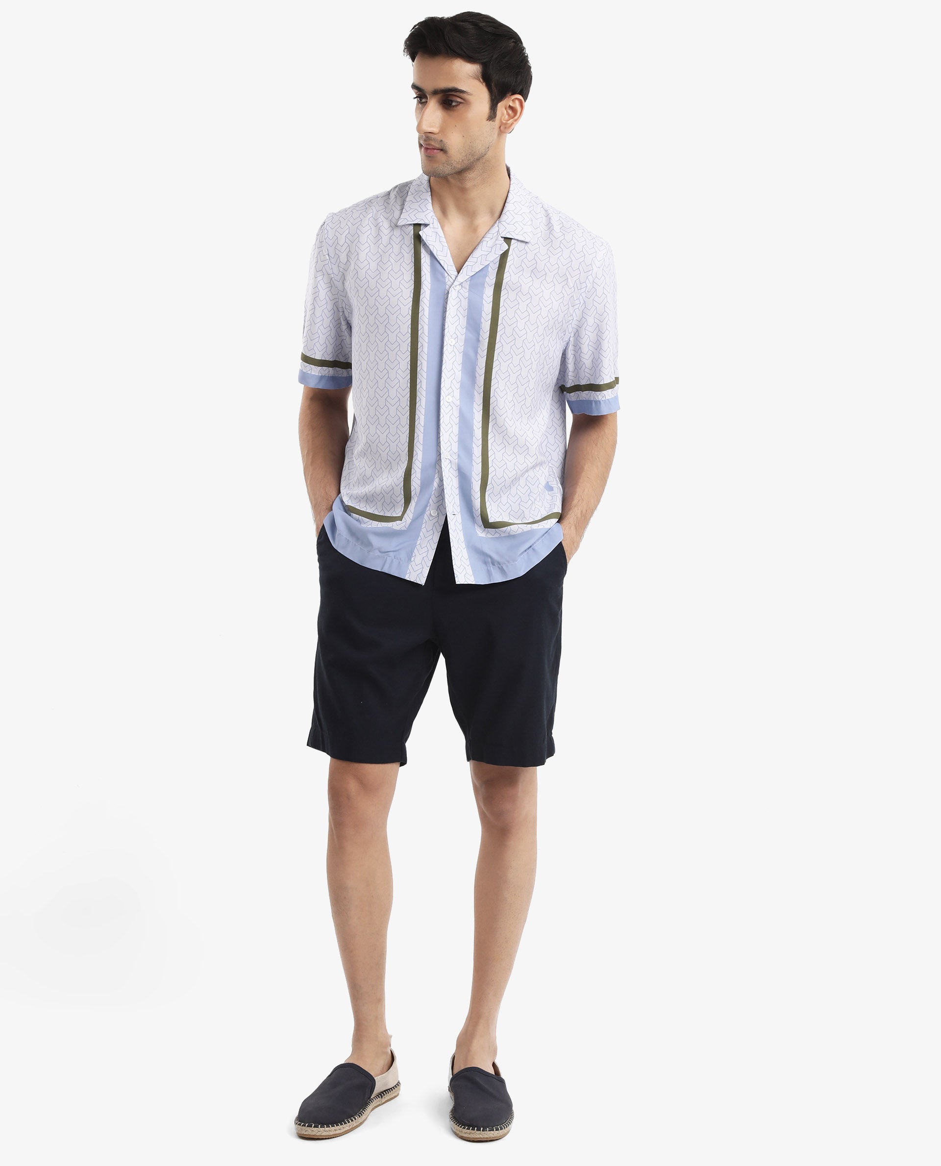 Rare Rabbit Men's Idir Dusky Blue Viscose Fabric Short Sleeve Cuban Collar Boxy Fit Monogram Print Shirt