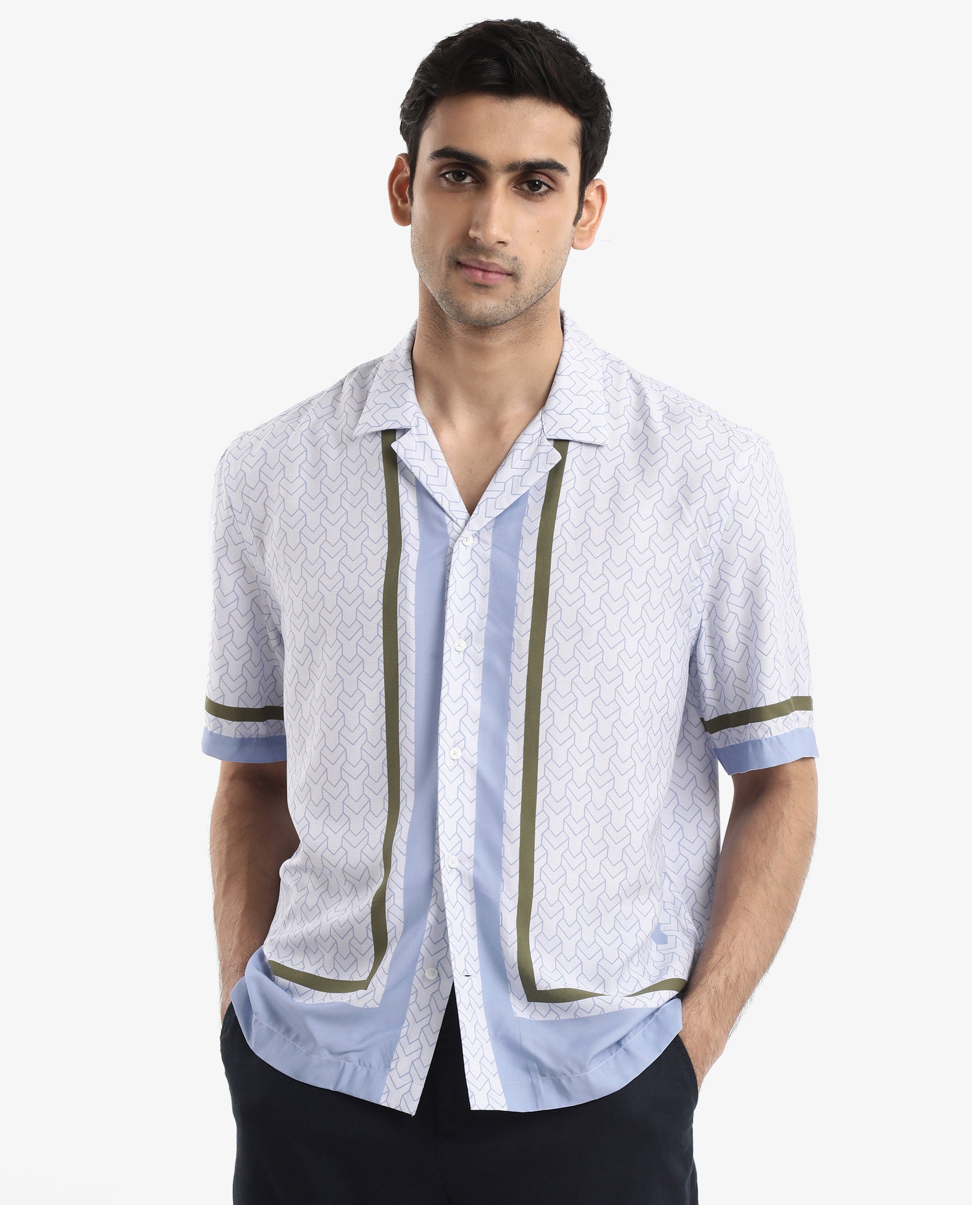 Rare Rabbit Men's Idir Dusky Blue Viscose Fabric Short Sleeve Cuban Collar Boxy Fit Monogram Print Shirt