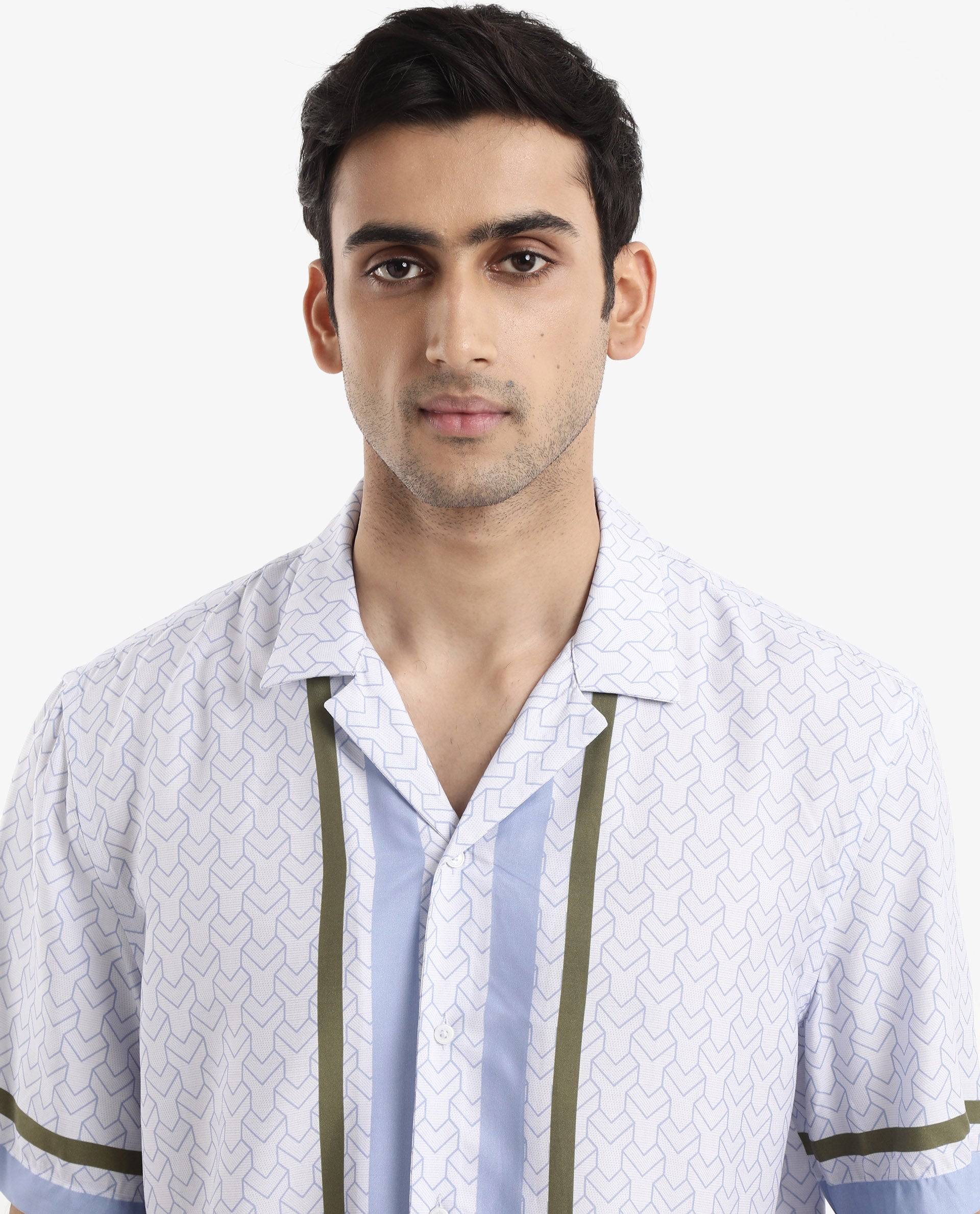 Rare Rabbit Men's Idir Dusky Blue Viscose Fabric Short Sleeve Cuban Collar Boxy Fit Monogram Print Shirt