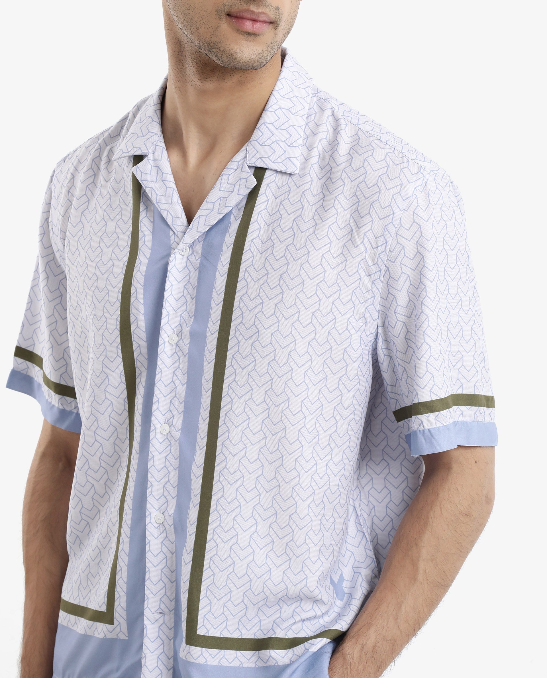 Rare Rabbit Men's Idir Dusky Blue Viscose Fabric Short Sleeve Cuban Collar Boxy Fit Monogram Print Shirt