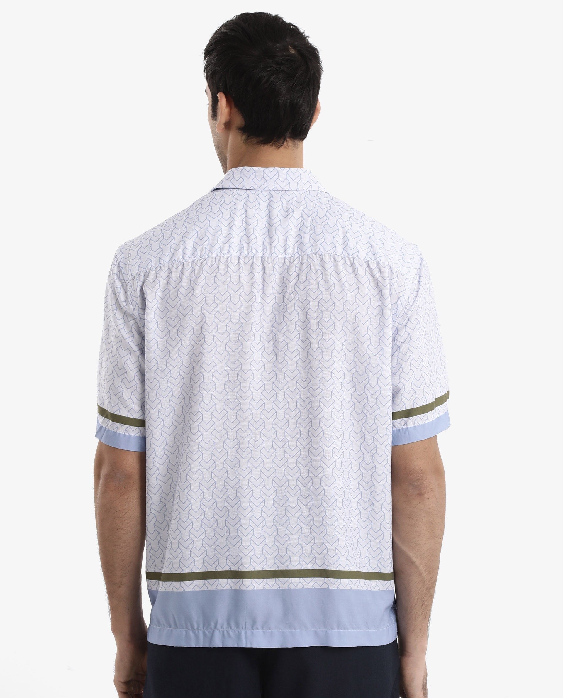 Rare Rabbit Men's Idir Dusky Blue Viscose Fabric Short Sleeve Cuban Collar Boxy Fit Monogram Print Shirt