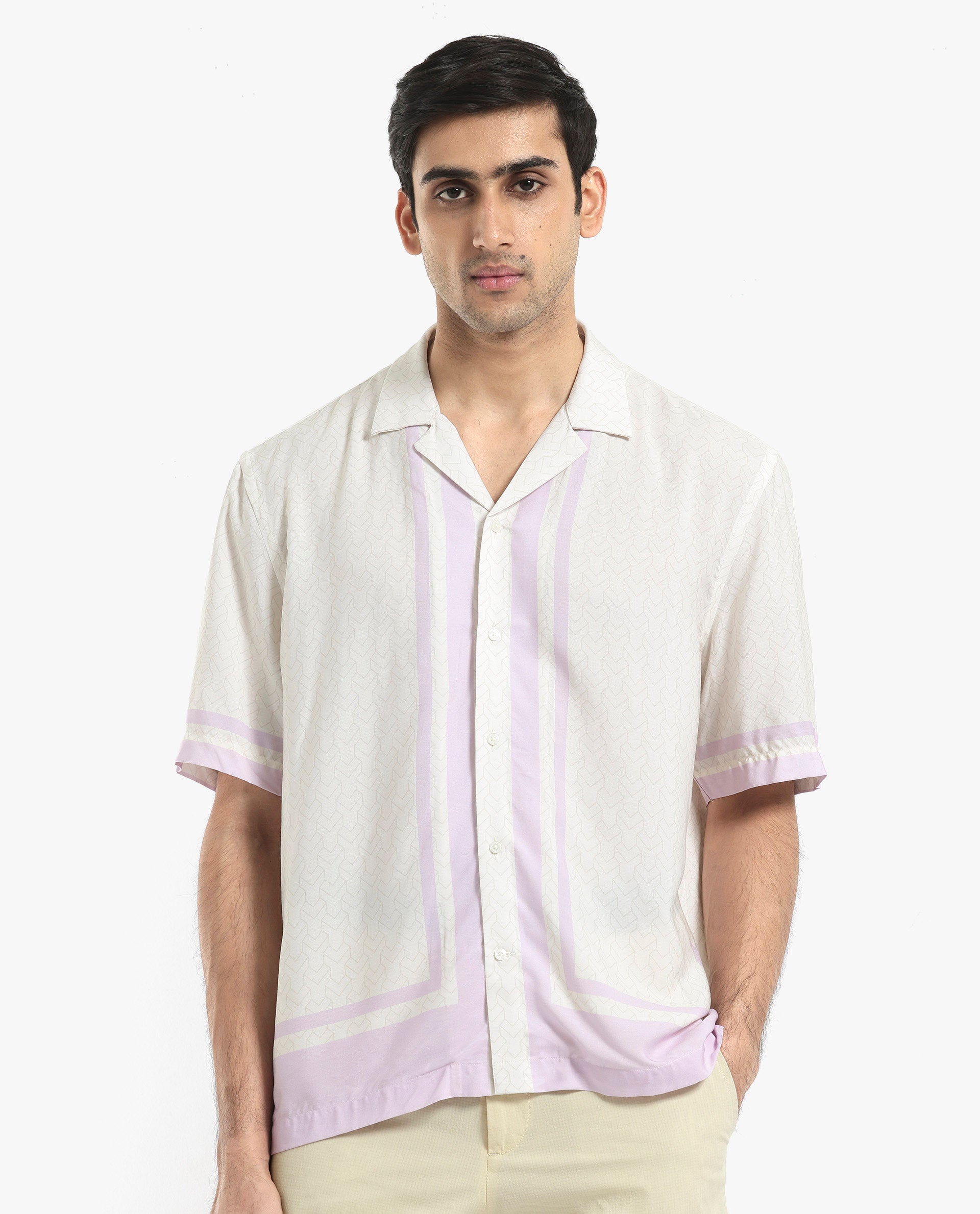 Rare Rabbit Men's Idir Off White Viscose Fabric Short Sleeve Cuban Collar Boxy Fit Monogram Print Shirt