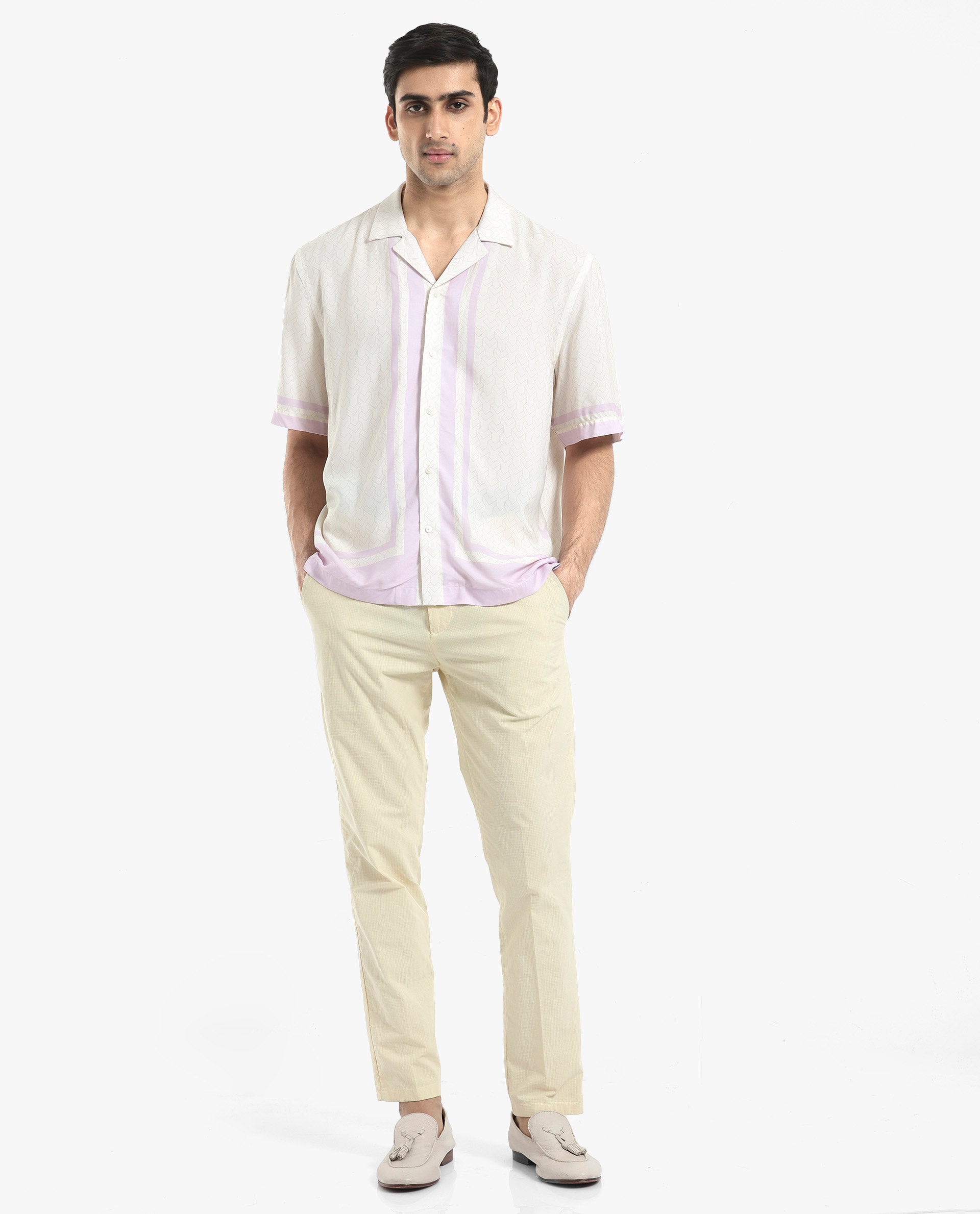 Rare Rabbit Men's Idir Off White Viscose Fabric Short Sleeve Cuban Collar Boxy Fit Monogram Print Shirt