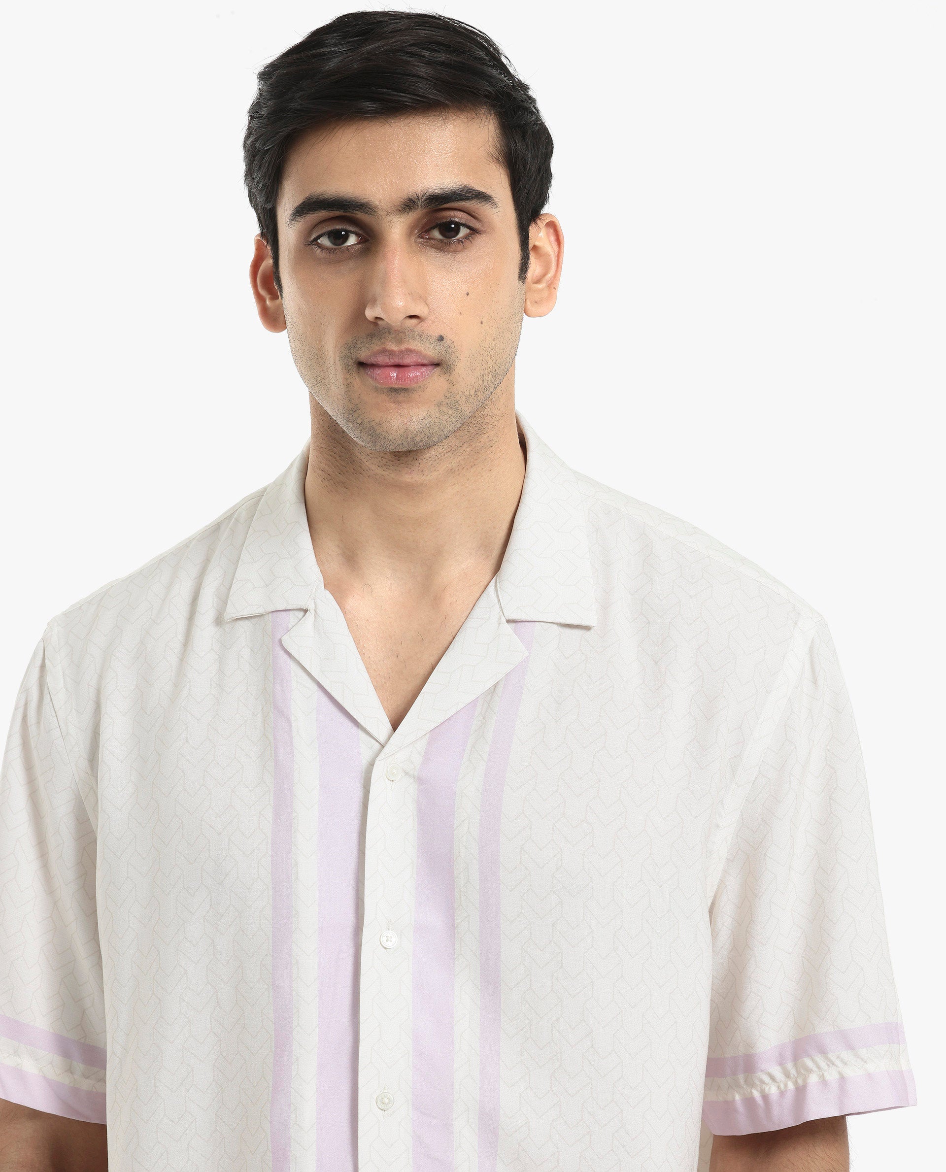 Rare Rabbit Men's Idir Off White Viscose Fabric Short Sleeve Cuban Collar Boxy Fit Monogram Print Shirt