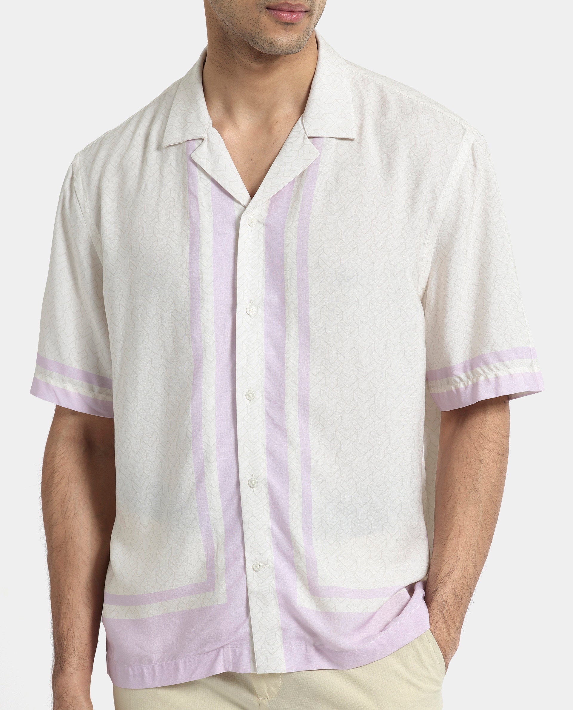 Rare Rabbit Men's Idir Off White Viscose Fabric Short Sleeve Cuban Collar Boxy Fit Monogram Print Shirt