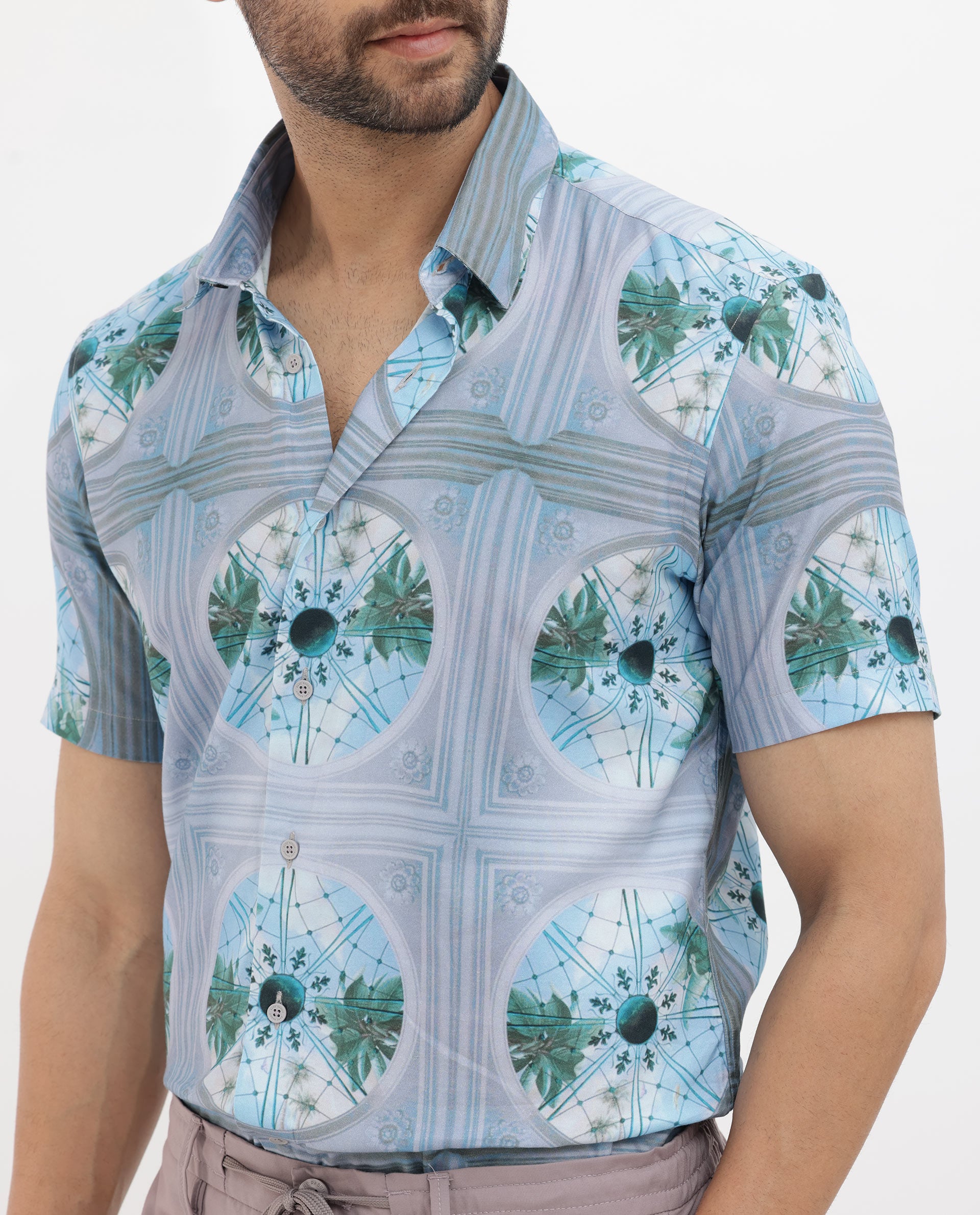 Rare Rabbit Mens Idris Pastel Purple Short Sleeve Tropical Print Shirt