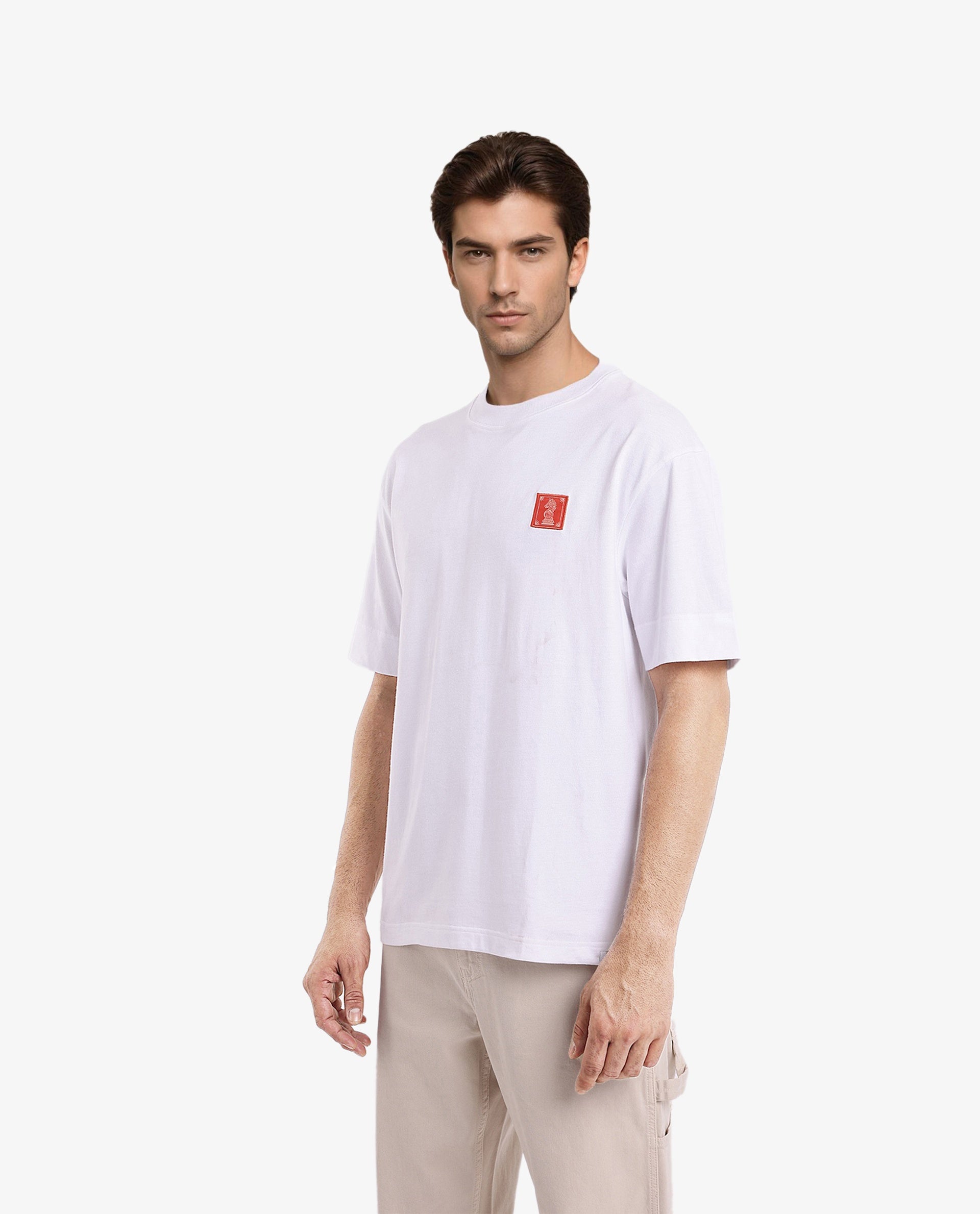 Rare Rabbit Men Ight White Cotton Fabric Short Sleeve Crew Neck Oversized Fit Graphic Back Print T-Shirt