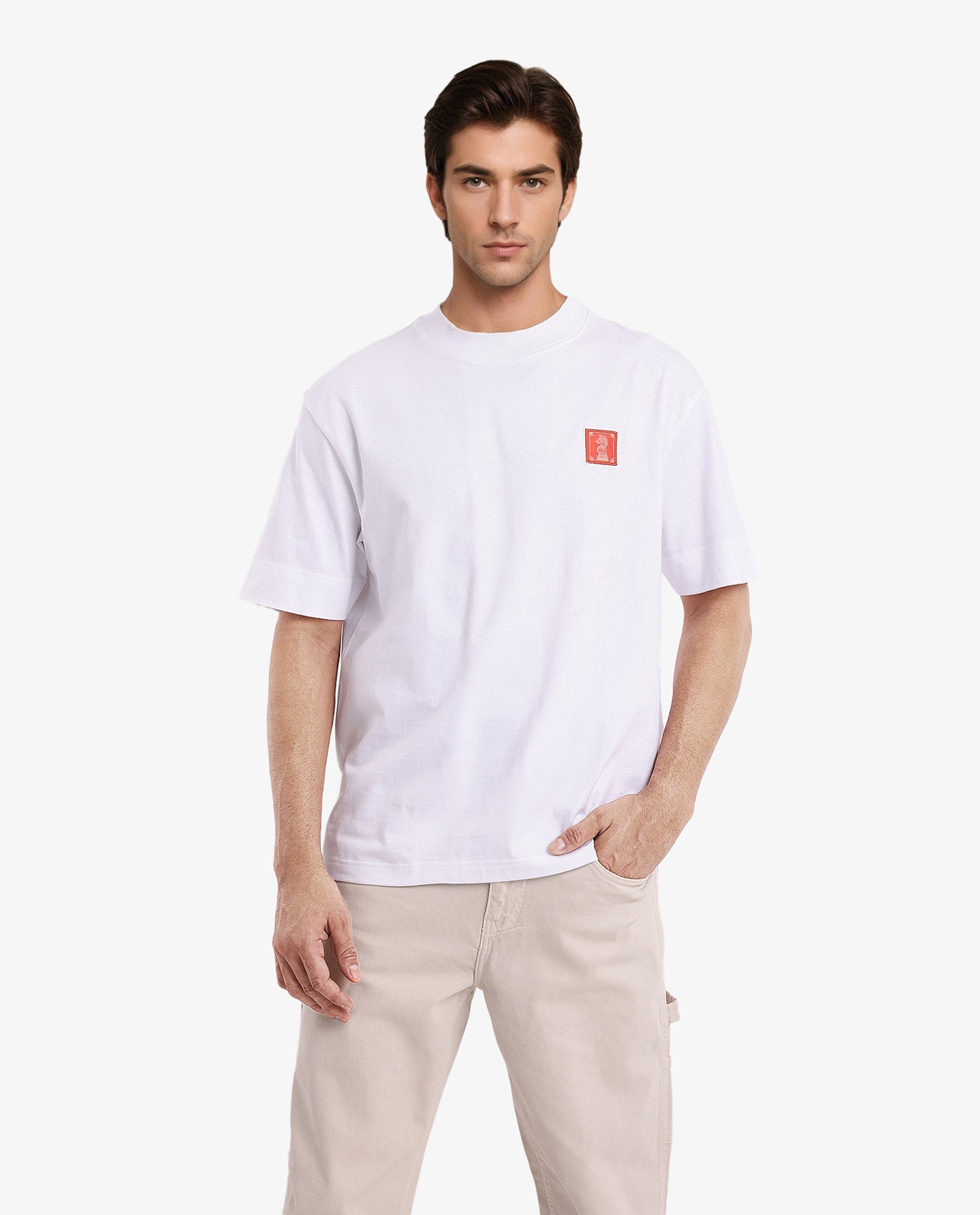 Rare Rabbit Men Ight White Cotton Fabric Short Sleeve Crew Neck Oversized Fit Graphic Back Print T-Shirt