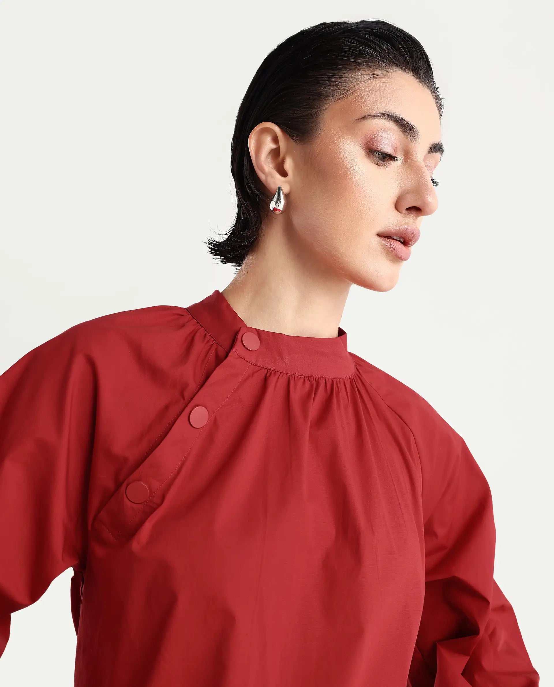 Rareism Women's Ihit Red Cotton Blend High Neck Plain Bishop Sleeve Relaxed Fit Top