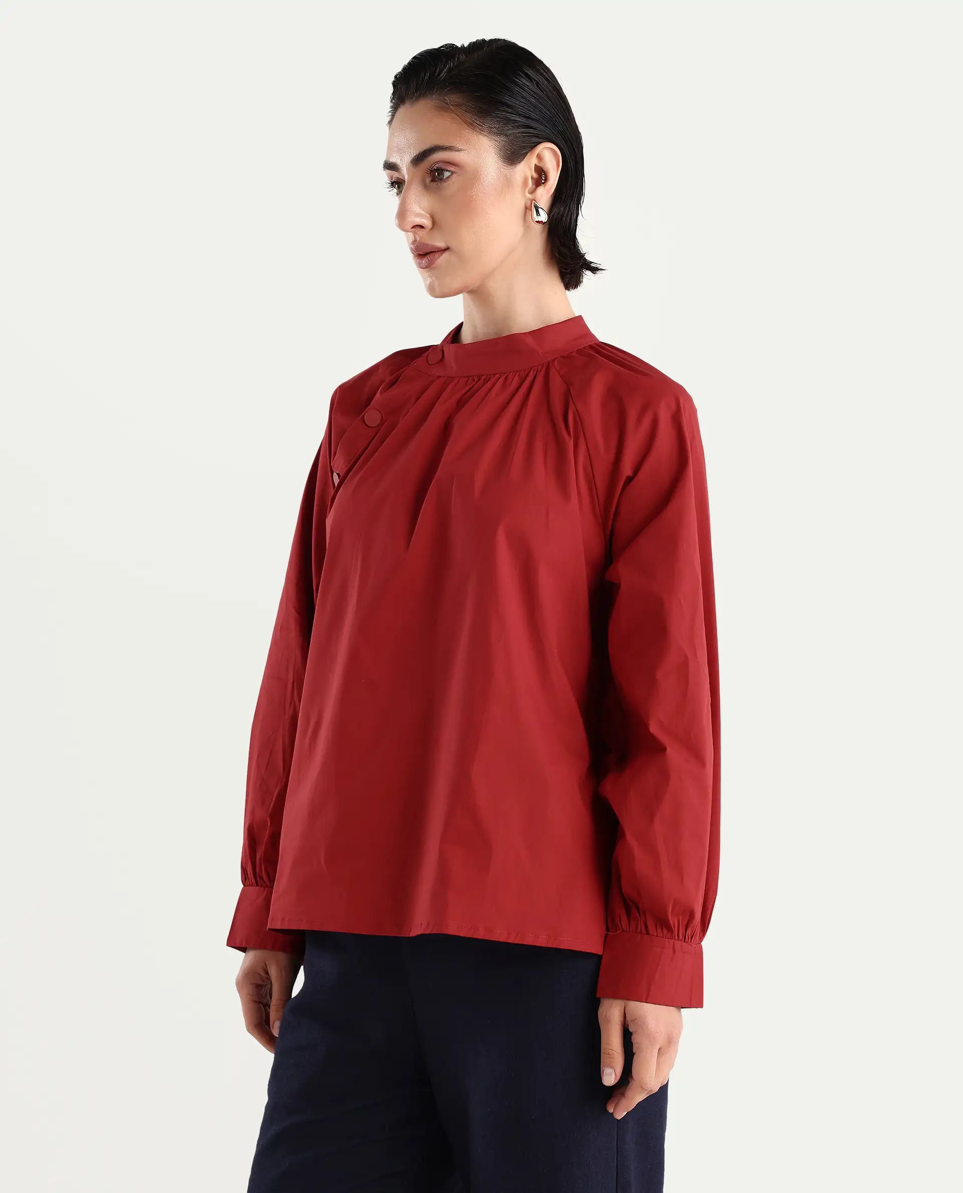Rareism Women's Ihit Red Cotton Blend High Neck Plain Bishop Sleeve Relaxed Fit Top