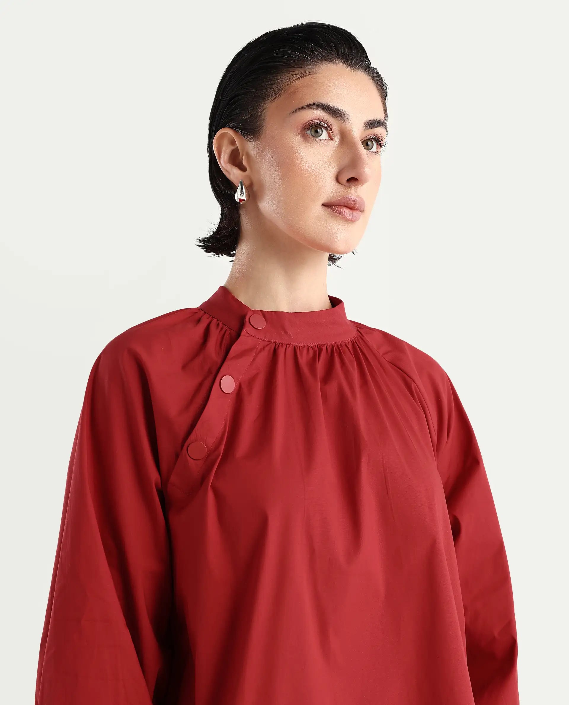 Rareism Women's Ihit Red Cotton Blend High Neck Plain Bishop Sleeve Relaxed Fit Top