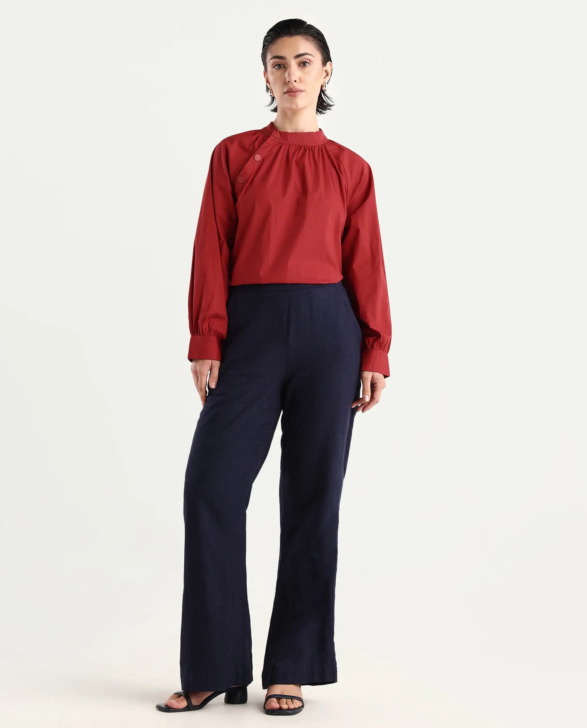 Rareism Women's Ihit Red Cotton Blend High Neck Plain Bishop Sleeve Relaxed Fit Top