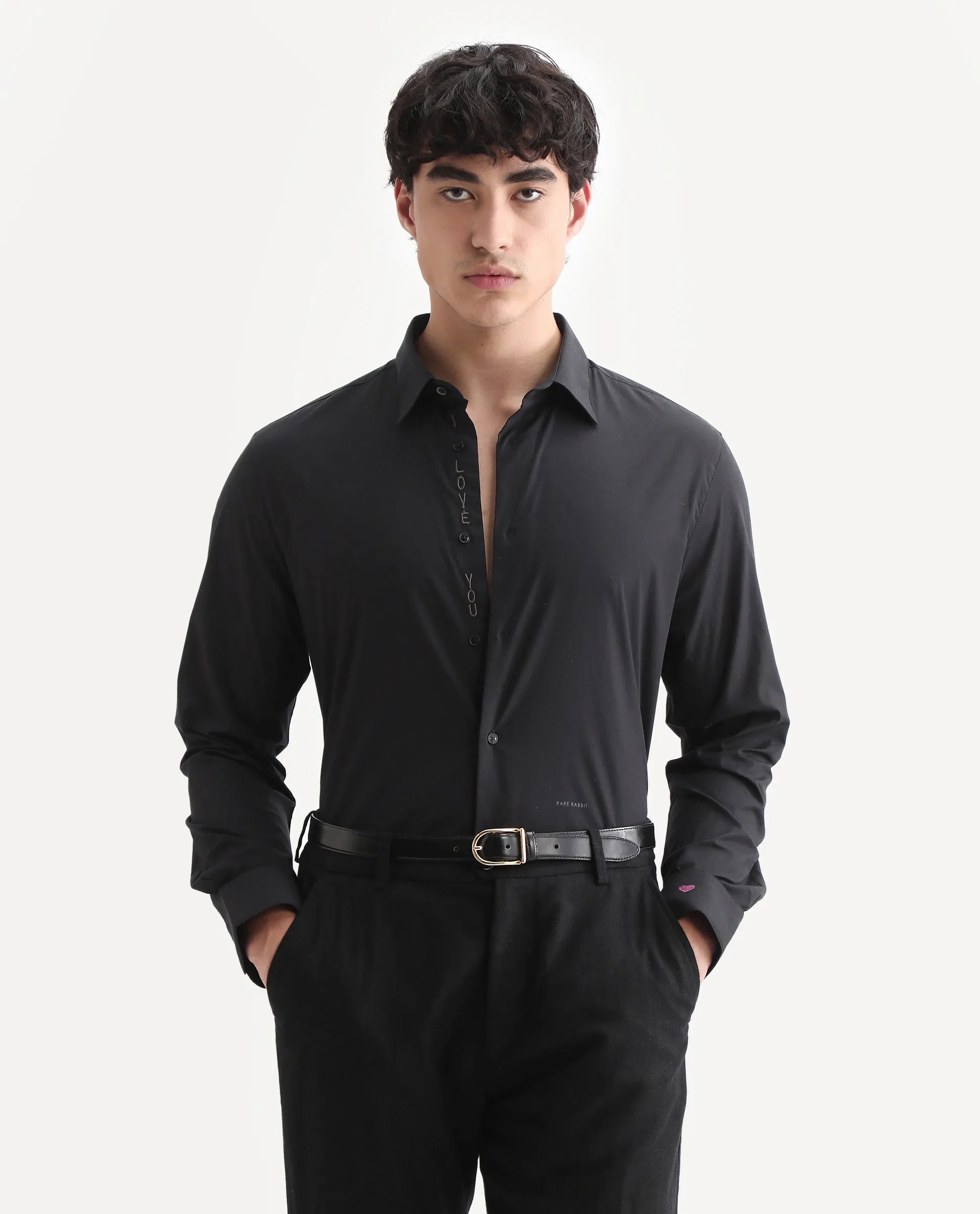 Rare Rabbit Men's I Love You Black Cotton Embroidered Regular Fit Full Sleeve Collared Shirt