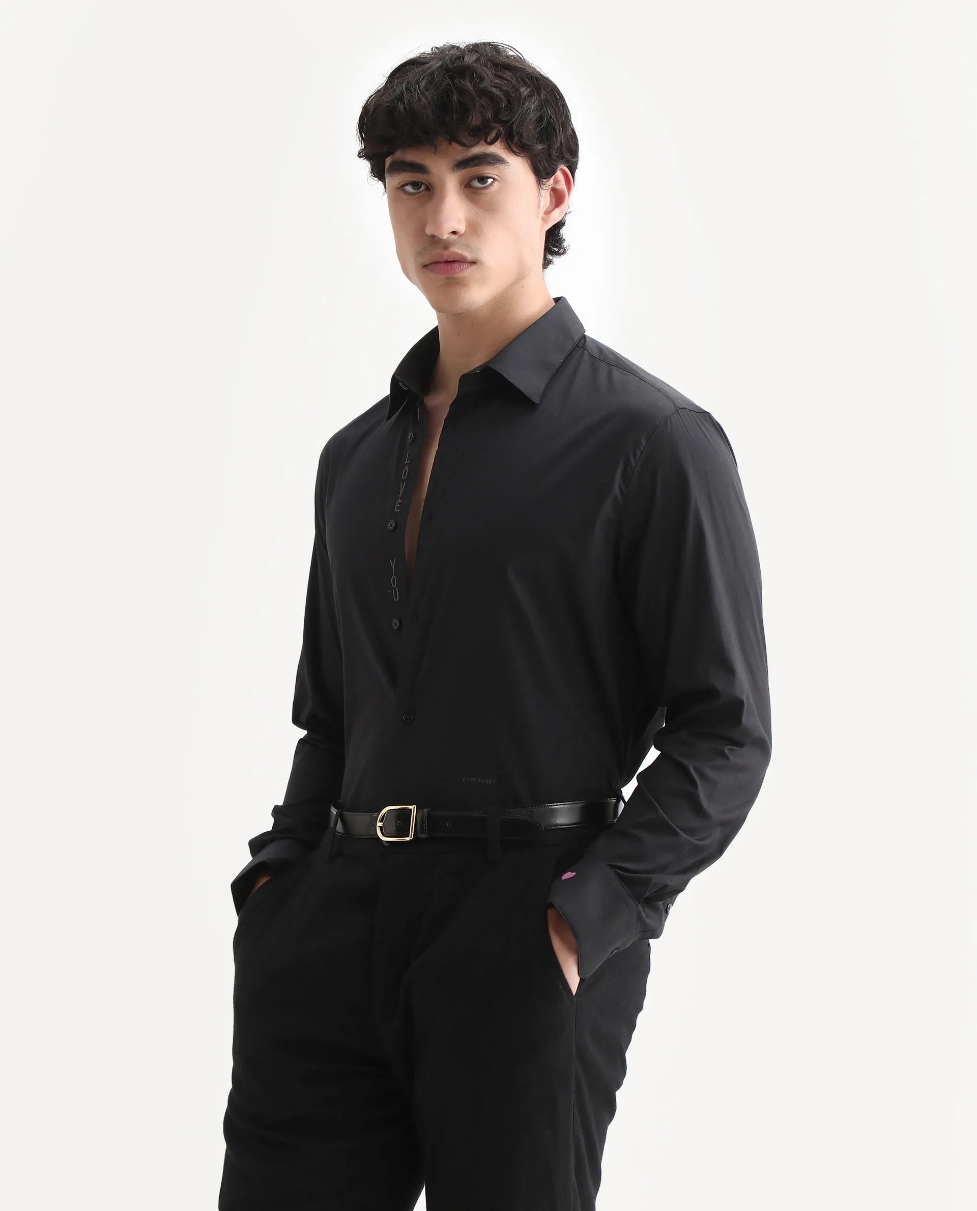 Rare Rabbit Men's I Love You Black Cotton Embroidered Regular Fit Full Sleeve Collared Shirt